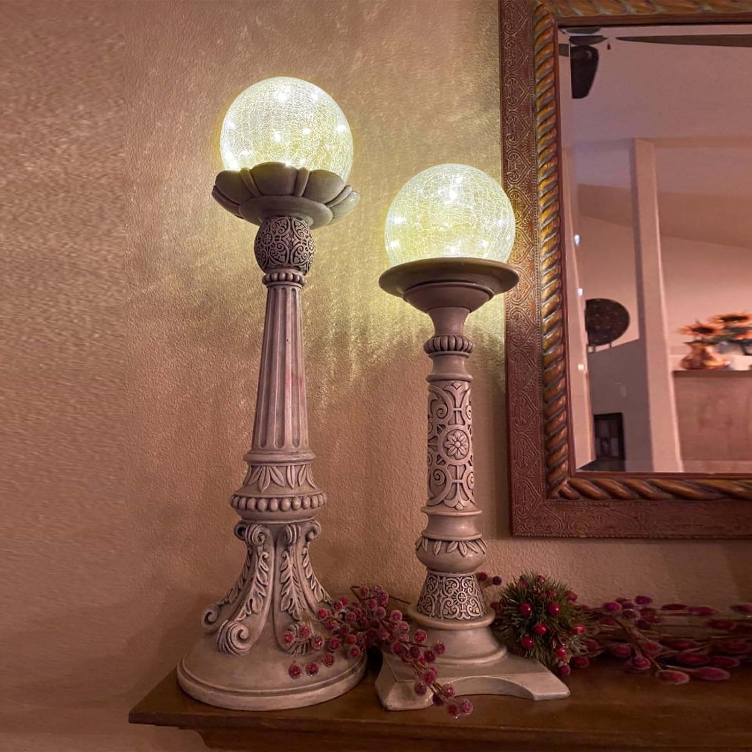 Crackle Globe LED Lamp Battery Operated, Lighted Glass Orb for Festival Christmas Decoration, Gold Mercury Glass Ball Light for Living Room Indoor (No Timer)