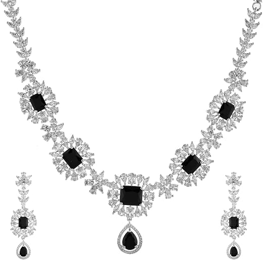 VOYLLA Sparkling Elegance Luminous Black American Diamond Necklace Set |Necklace Sets For Women| Short Necklace Set For Wo...