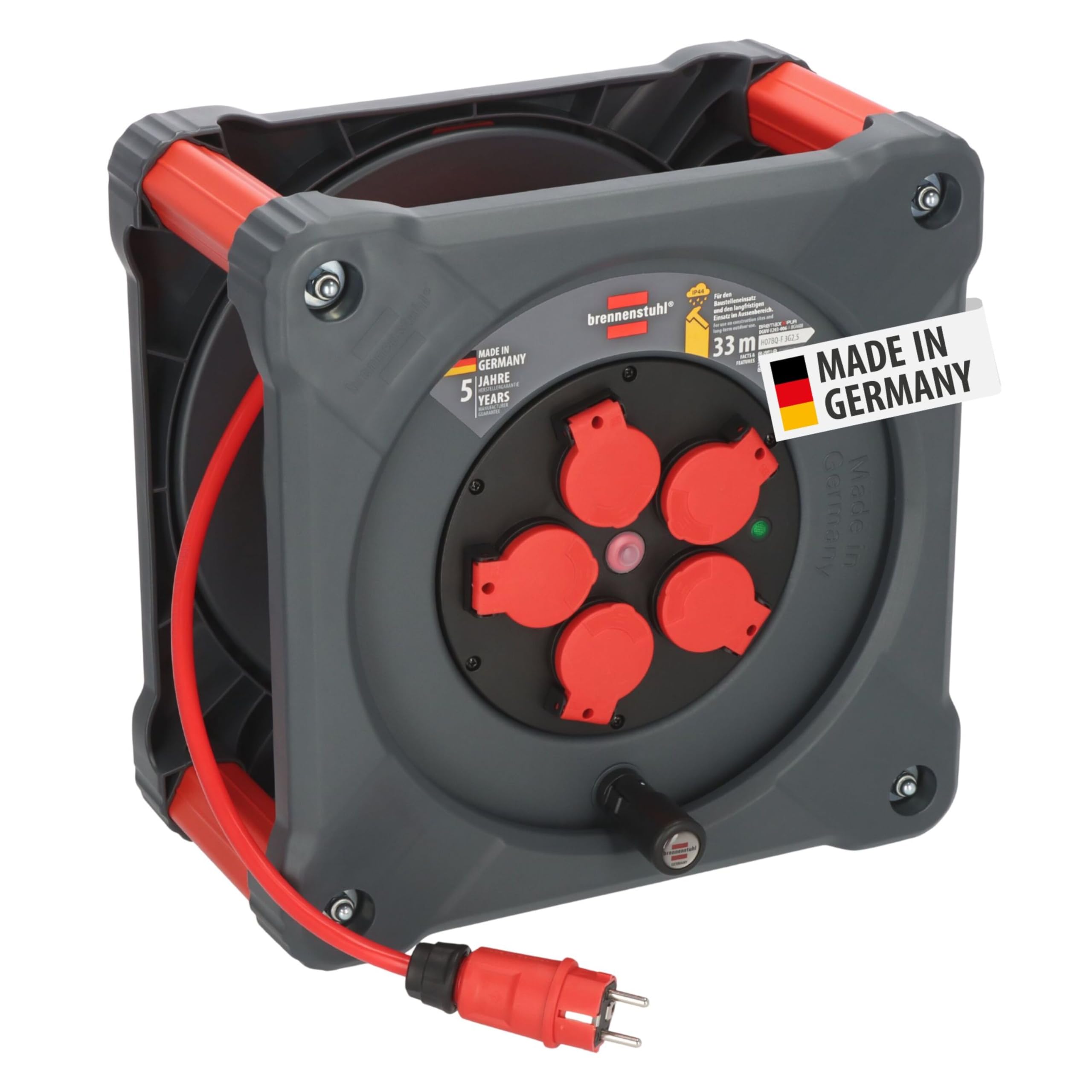 Brennenstuhl Professional Baustellen-Kabeltrommel KA 3210 5 IP44 (33m H07BQ-F 3G2,5 Kabel in rot, 5 Schutzkontakt-Steckdosen, Baustelleneinsatz und ständiger Einsatz im Freien, Made in Germany)
