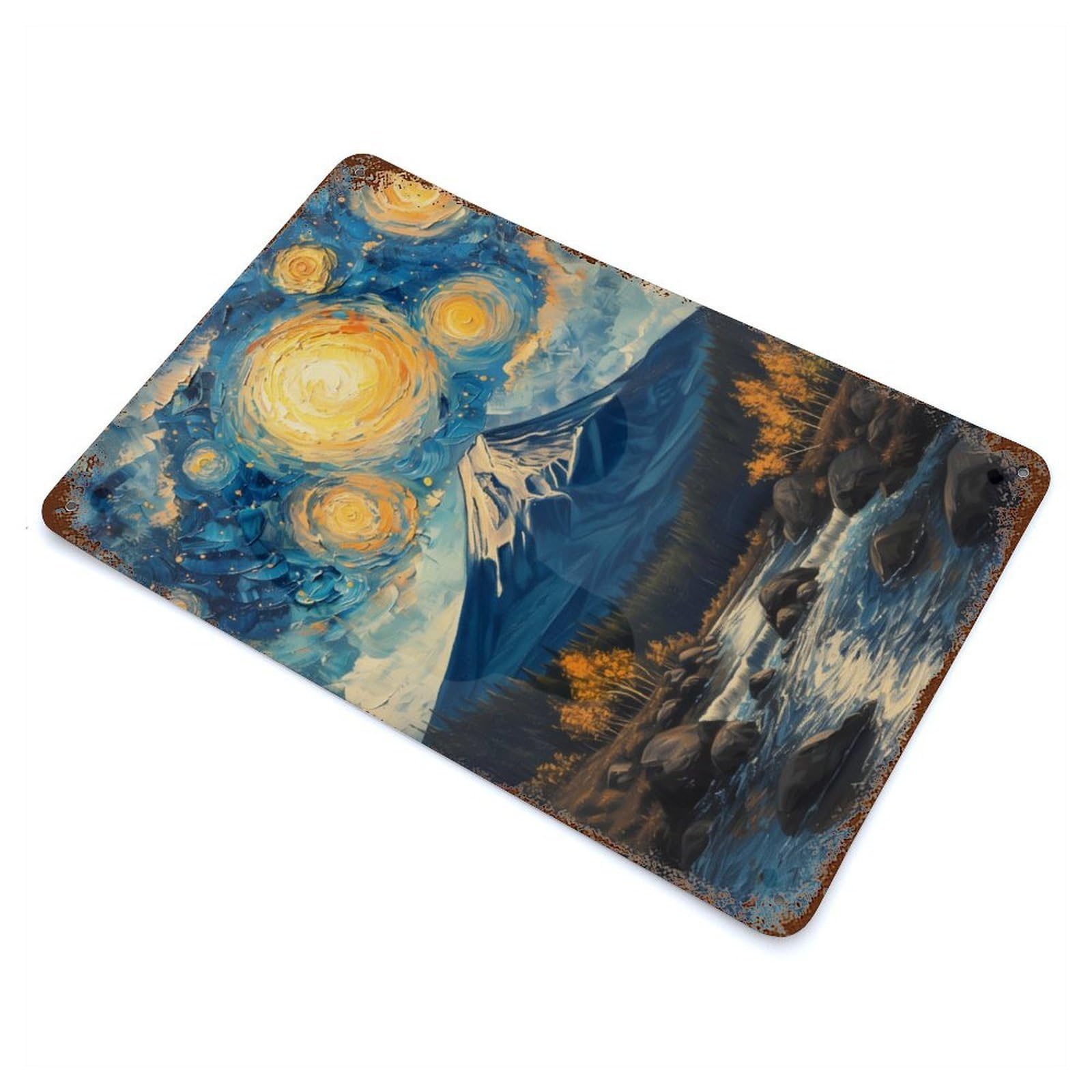 Rusty Metal Tin Sign with Starry Night Fuji Mount Design 11.8"x7.9", for Farmhouse, Kitchen And Entryway Decor, Rustic Home Decor
