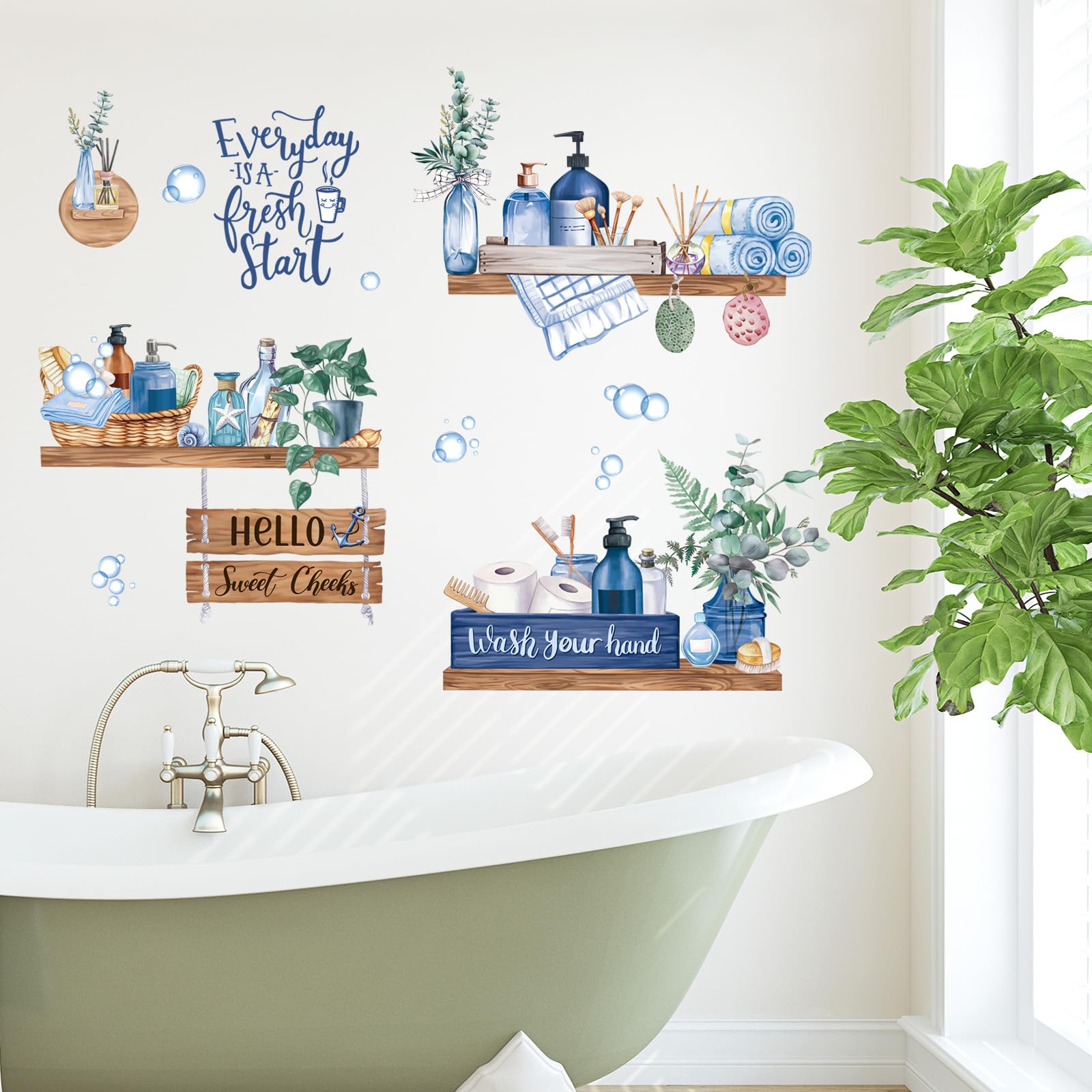 FUFUQUARE 3D Bathroom Wall Stickers Waterproof Blue Towel Shelf Toiletries Bbubbles Wall Decals DIY PVC Positive Quote Wallpaper for Bedroom Restroom Toilet - Image 2