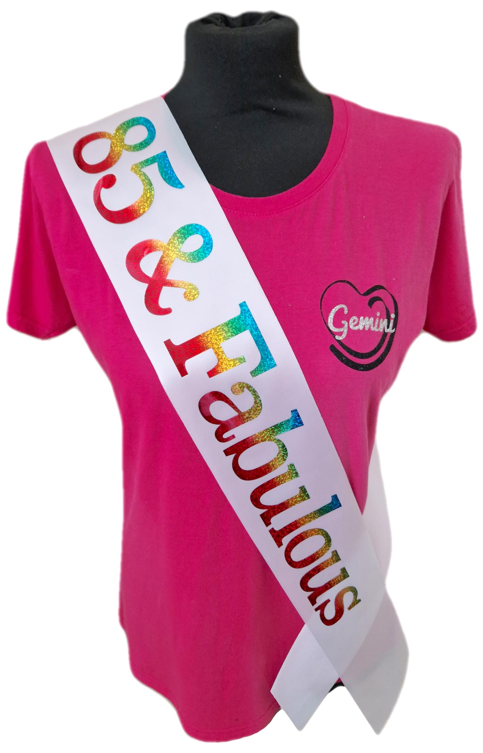 85th Birthday Sash - 85 & Fabulous Birthday Sash - Beautiful Quality White Ribbon and Holographic Rainbow Font - 85th Birthday Sash