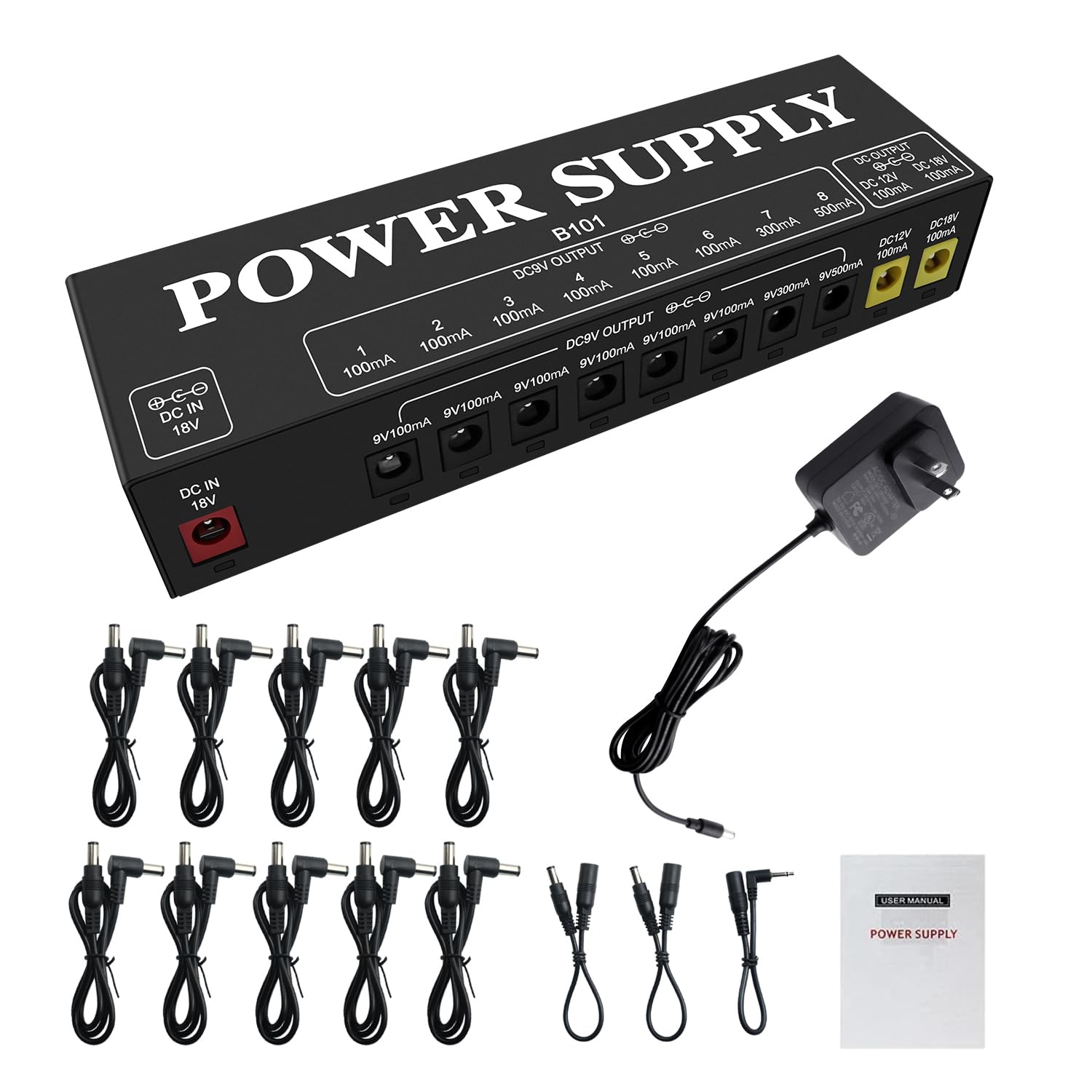 BAIRUTONG B101 Guitar Pedal Power Supply, 10 Isolated Outputs, 9V/12V/18V
