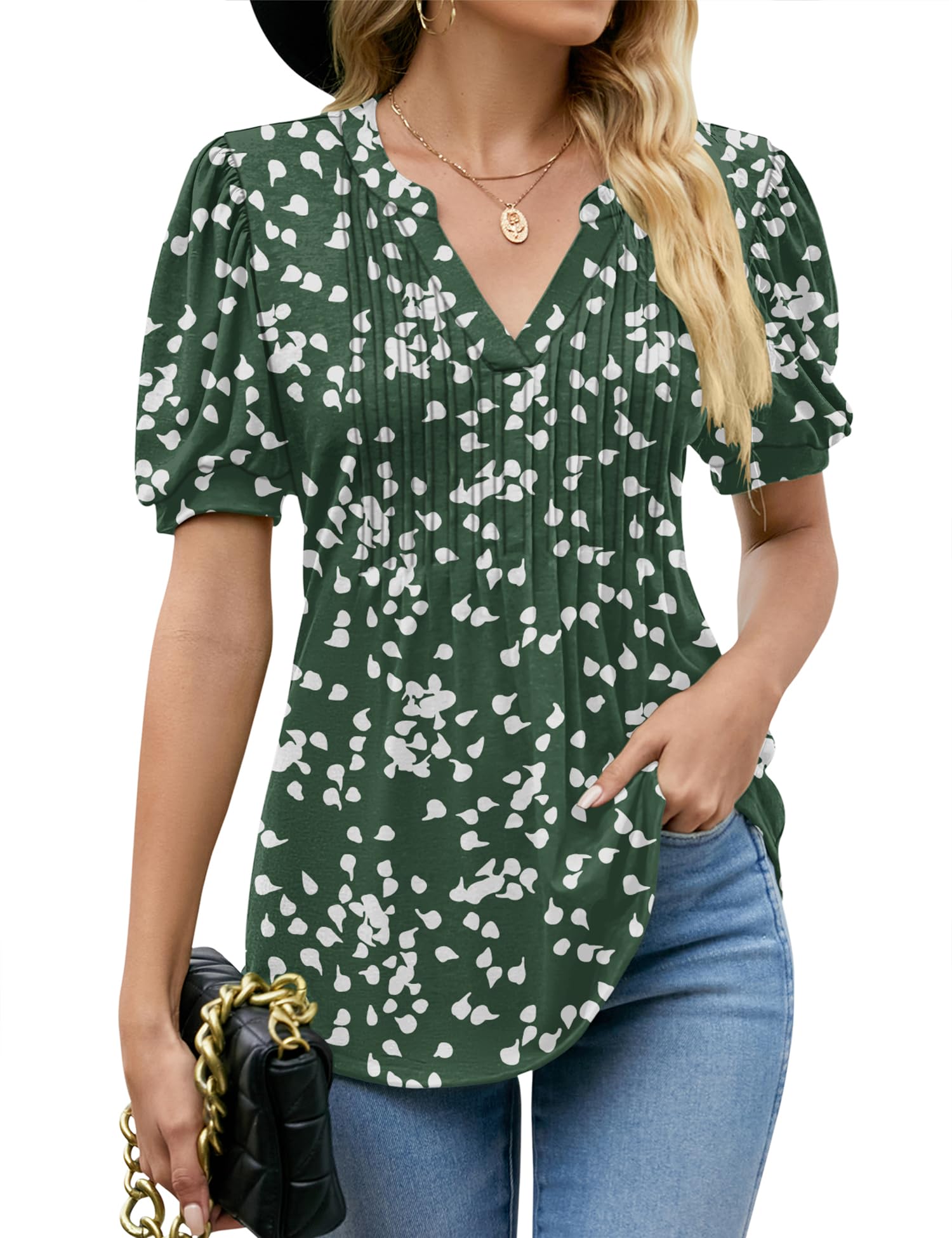 LOMON Womens Summer Tops 2025 Trendy Short Sleeve V Neck T Shirts Casual Dressy Loose Pleated Basic Tunic Blouse