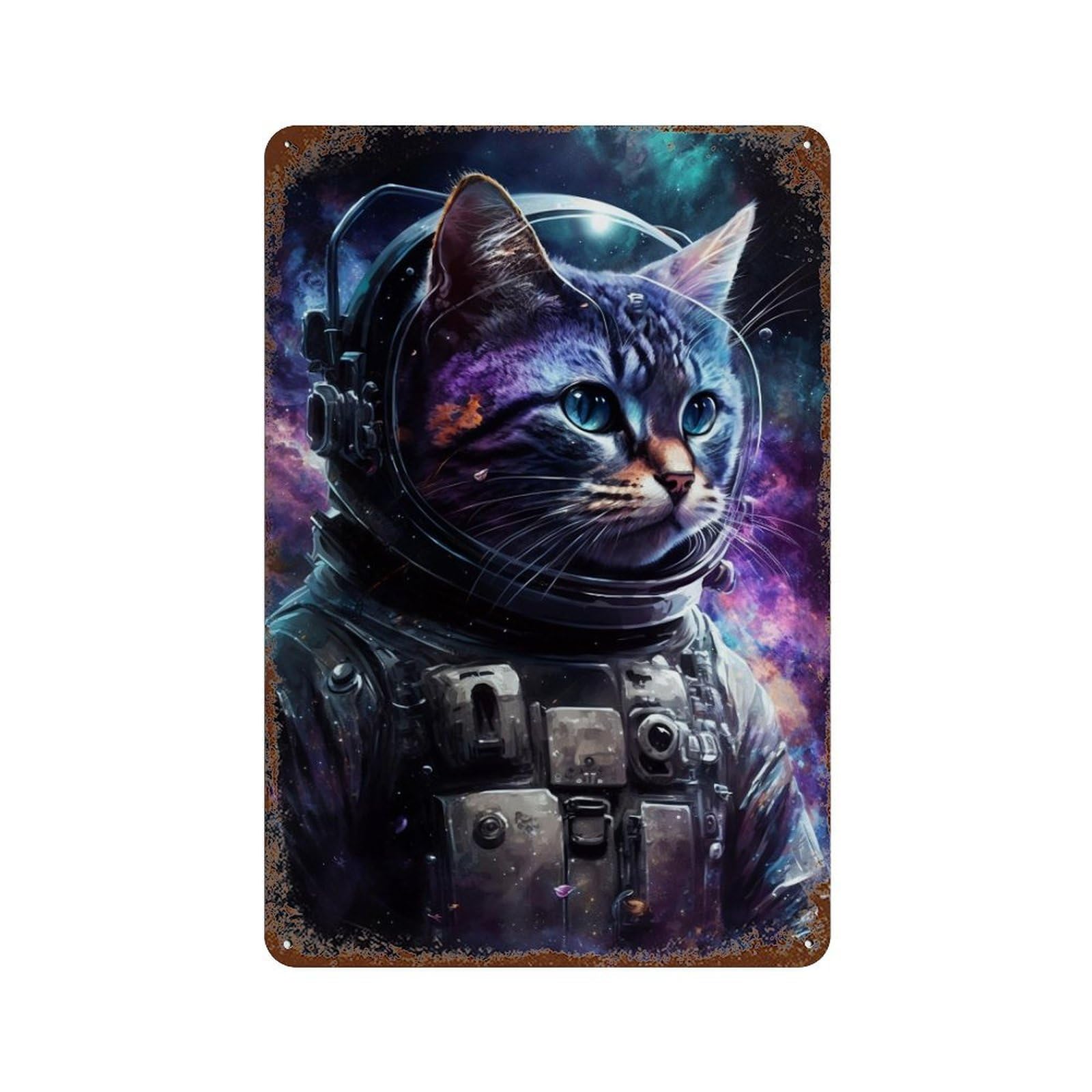 Rust Effect Cosmic Cat Astronaut Rustic Tin Plaque 11.8"x7.9", Industrial Home Decor for Bistro, Counter And Cafe Decor