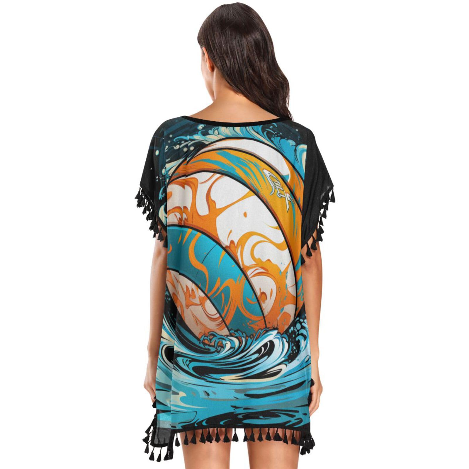 Watercolor Art Volleyball Women's Beach Cover Up Chiffon Tassel Swimwear Swimsuit Coverups for Girl