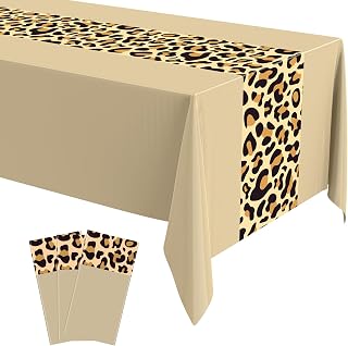 Buryeah Leopard Print Tablecloth 54 x 108'' Leopard Plastic Table Cover Disposable Safari Animal Cheetah Print Party Decorations for Baby Shower Wedding Birthday Party Favors (Khaki,3 Pcs)
