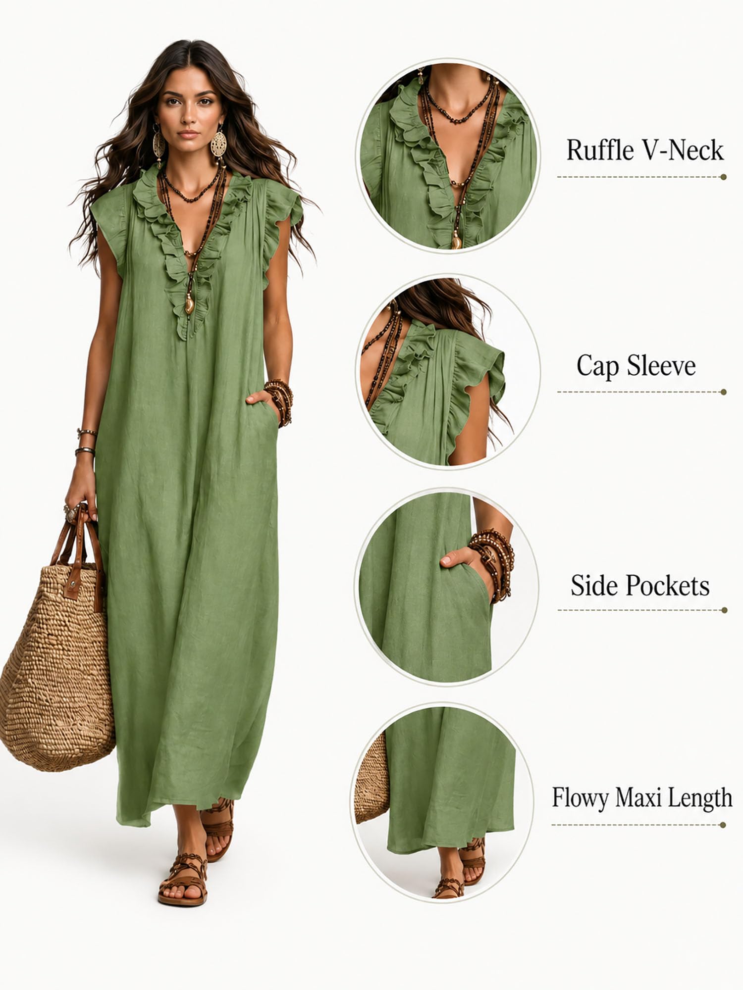 Boho Dresses for Women, Linen Look Maxi Dress V Neck Ruffle cap Sleeve Loose Long Dress with Pockets, Summer Beach Outfit
