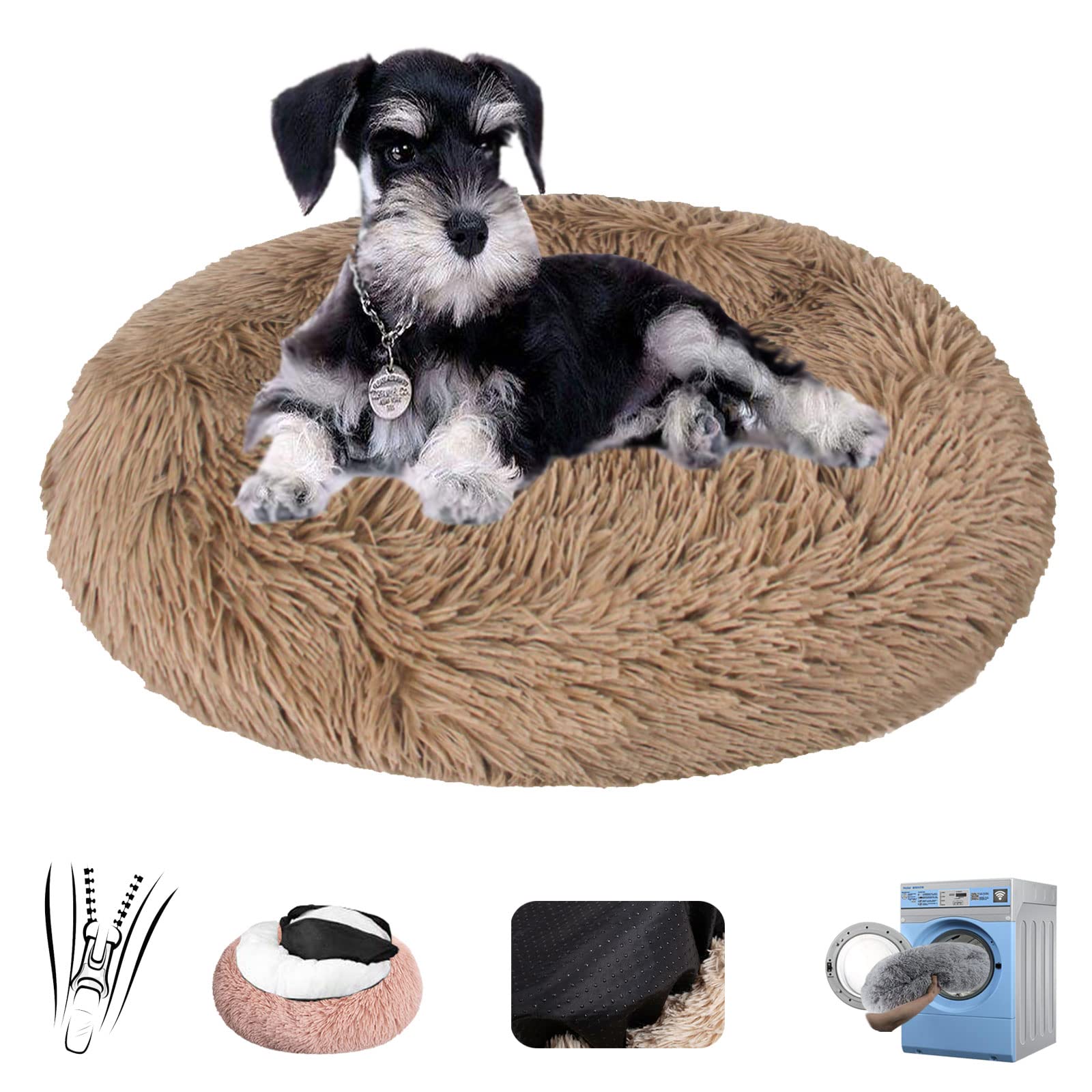 Cuccia Gatto Cane Interno Morbida, Sfoderabile Animale Domestico Cuscino Peluche Donut Antiscivolo Lavabile Interno ​Letto Peluche Ultra-Morbido- Khaki|| Ø60/24in(M)