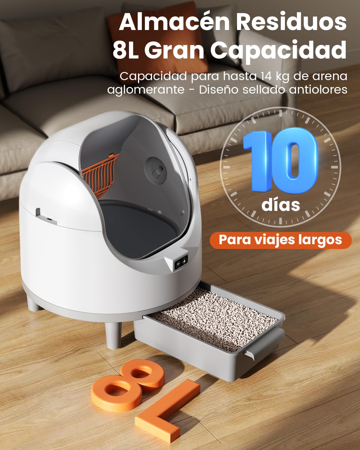 Arenero Gatos Autolimpiable de Tapa Abierta para Grandes (10 kg), Arenero Automático XL, Control por App, Seguimiento de Peso, Control de Olores,Caja de Arena Robotizada Silenciosa para Gatos