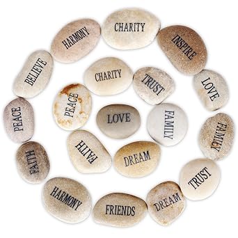 Barelove 12pcs DIY Rocks for Engraved Polished Painting River Stones 12 Different Words, Inspirational Stones Flat River Rocks for Arts, Crafts, Aquarium Plants Decoration White-Black Words