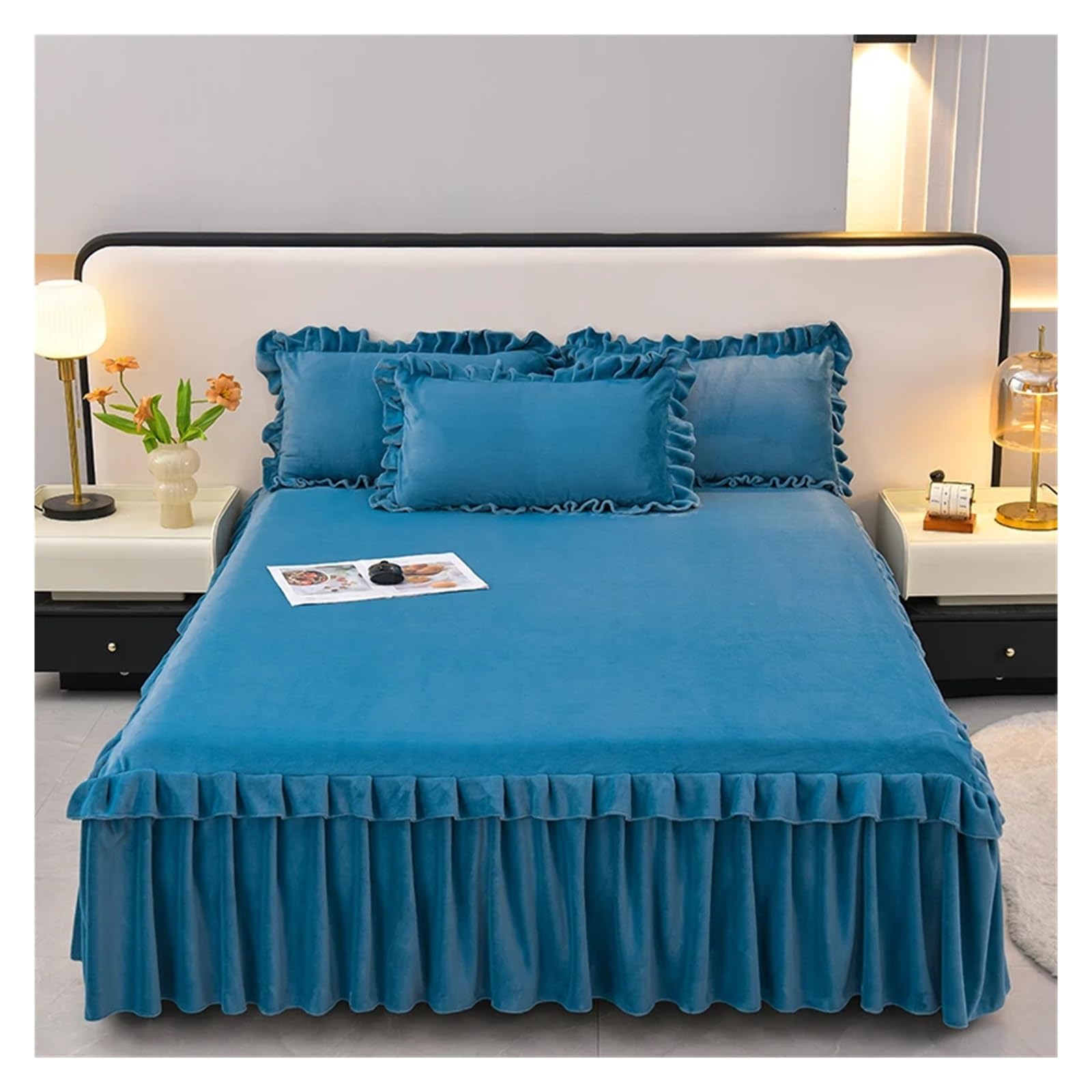 Bed Skirt Velvet Bedspread Ruffles Bed Cover Skin-friendly Mattress Protector Lace Bedsheet (No Pillowcase)(Baolan,King 180x220cm 1pc)