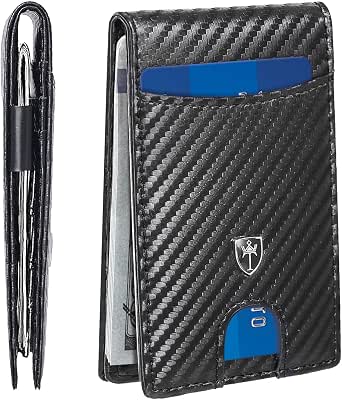 Tipmile Men's Slim RFID Blocking Wallet – Minimalist Leather Card Holder With Money Clip, Front Pocket Bifold (Carbon Fiber Black)