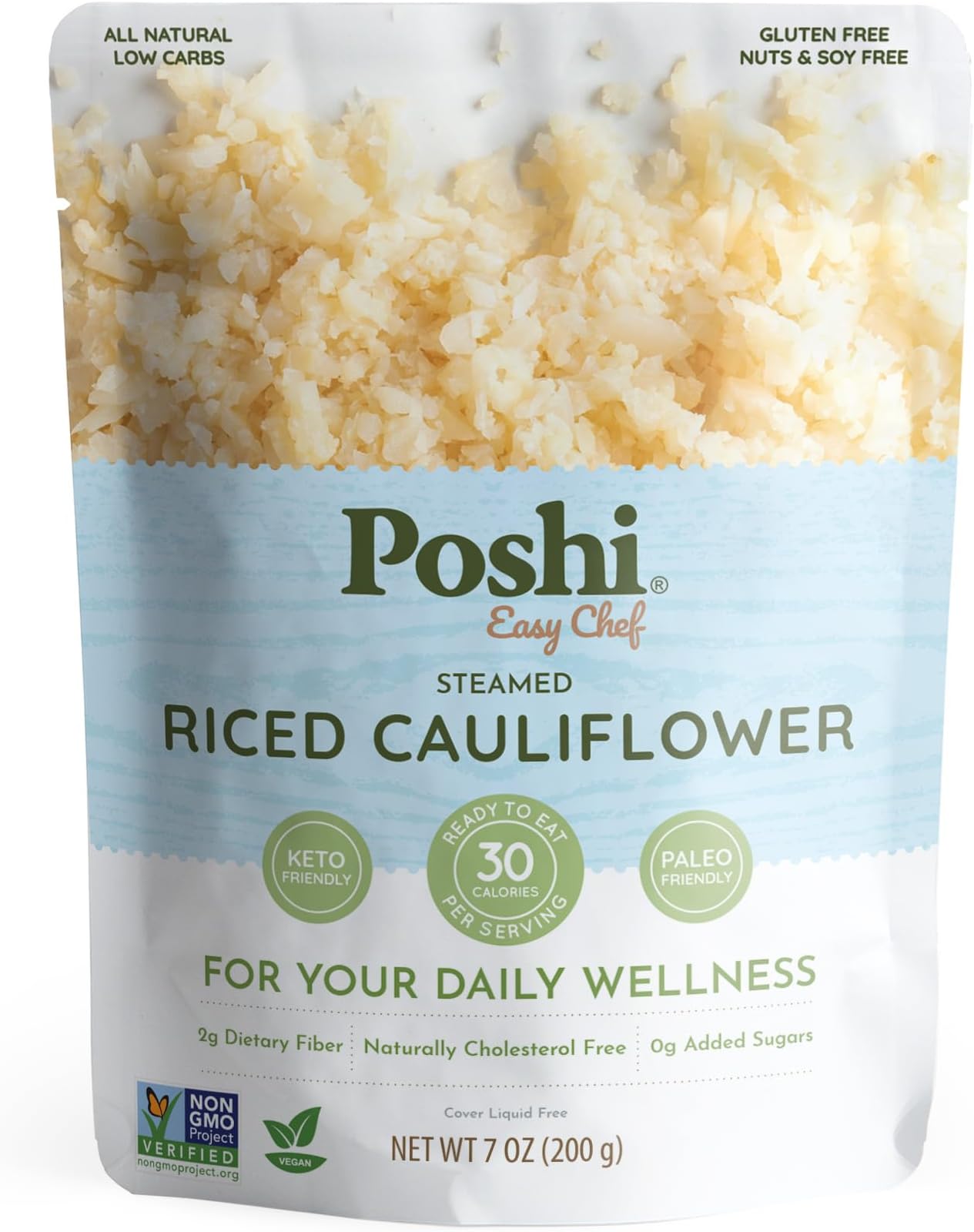 POSHI Riced Cauliflower | All Natural, Fully Cooked, Ready to Eat, Non-GMO, Low Calorie + Carb, Gluten Free, Vegetable Rice, Meals, On The Go, Plant-Based, Healthy, Veggies (7oz, 6 Pack)