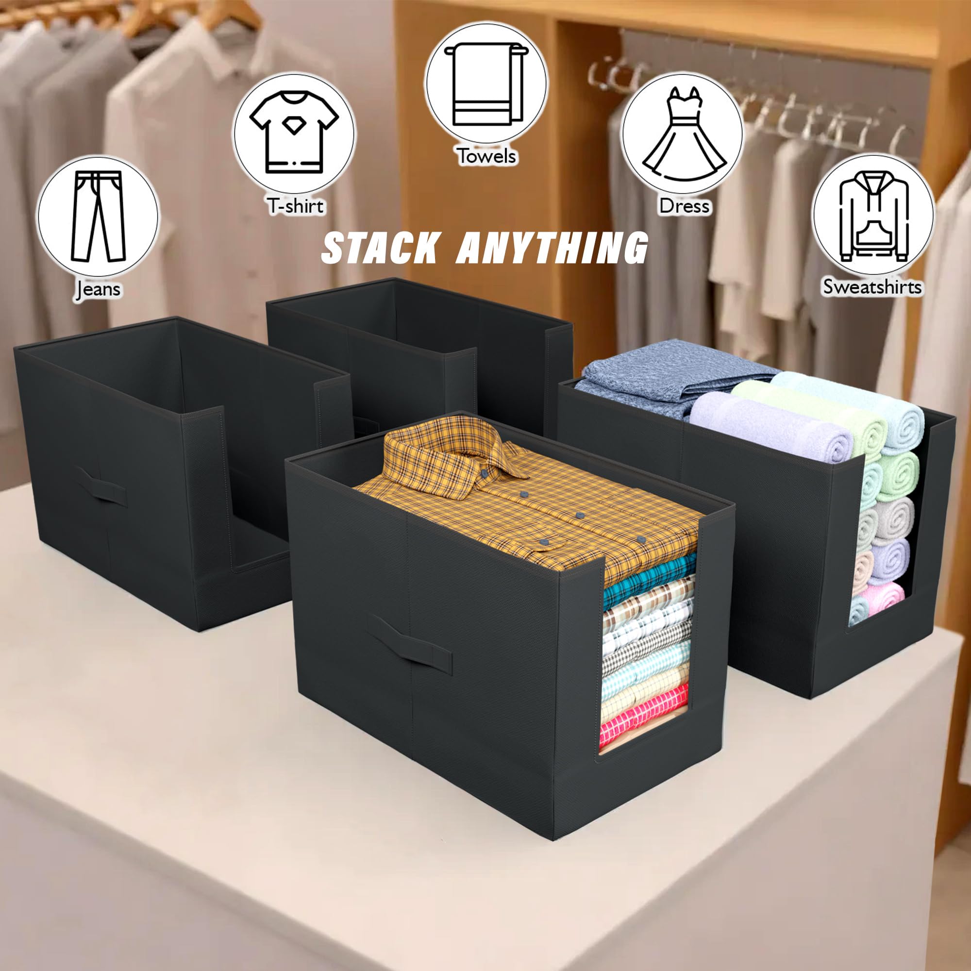 Kuber Industries Shirt Organizer for Wardrobe|Foldable Non Woven Shirt Stacker|Designer Cupboard Organizer for Clothes |Clothes Storage box|Pack Of 2 (Black) 4