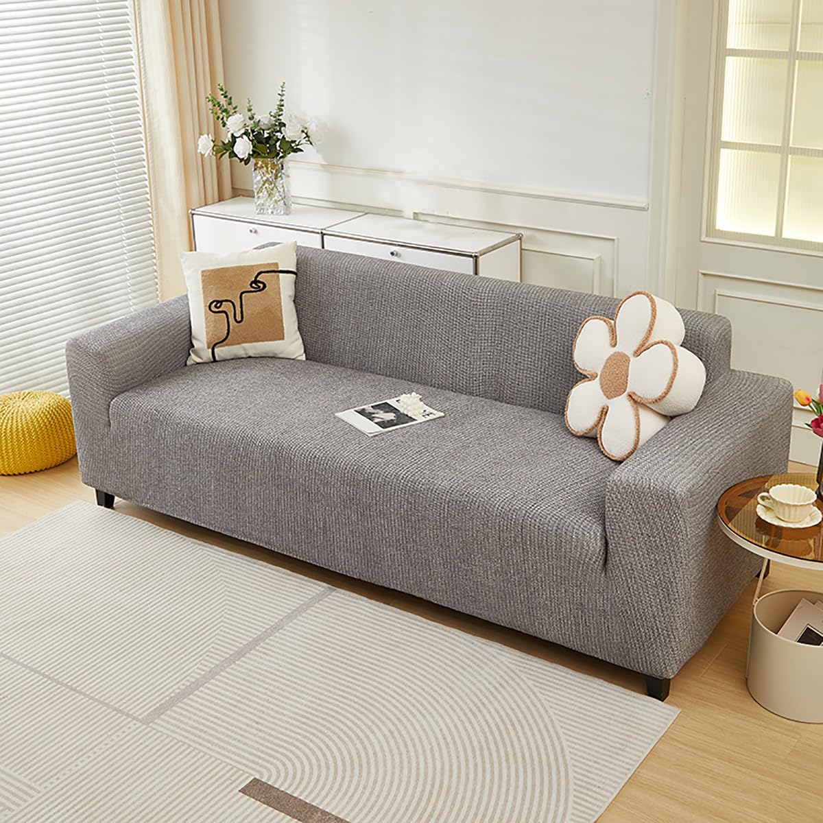 Stretch Sofa Covers Couch Slipcovers Faux Linen Polyester Full Wrap Non Slip Elastic Bottom Machine Washable Sofa Protector Pet Friendly for Living Room(Size:4 Seater(235-300cm),Color:Light Gray)