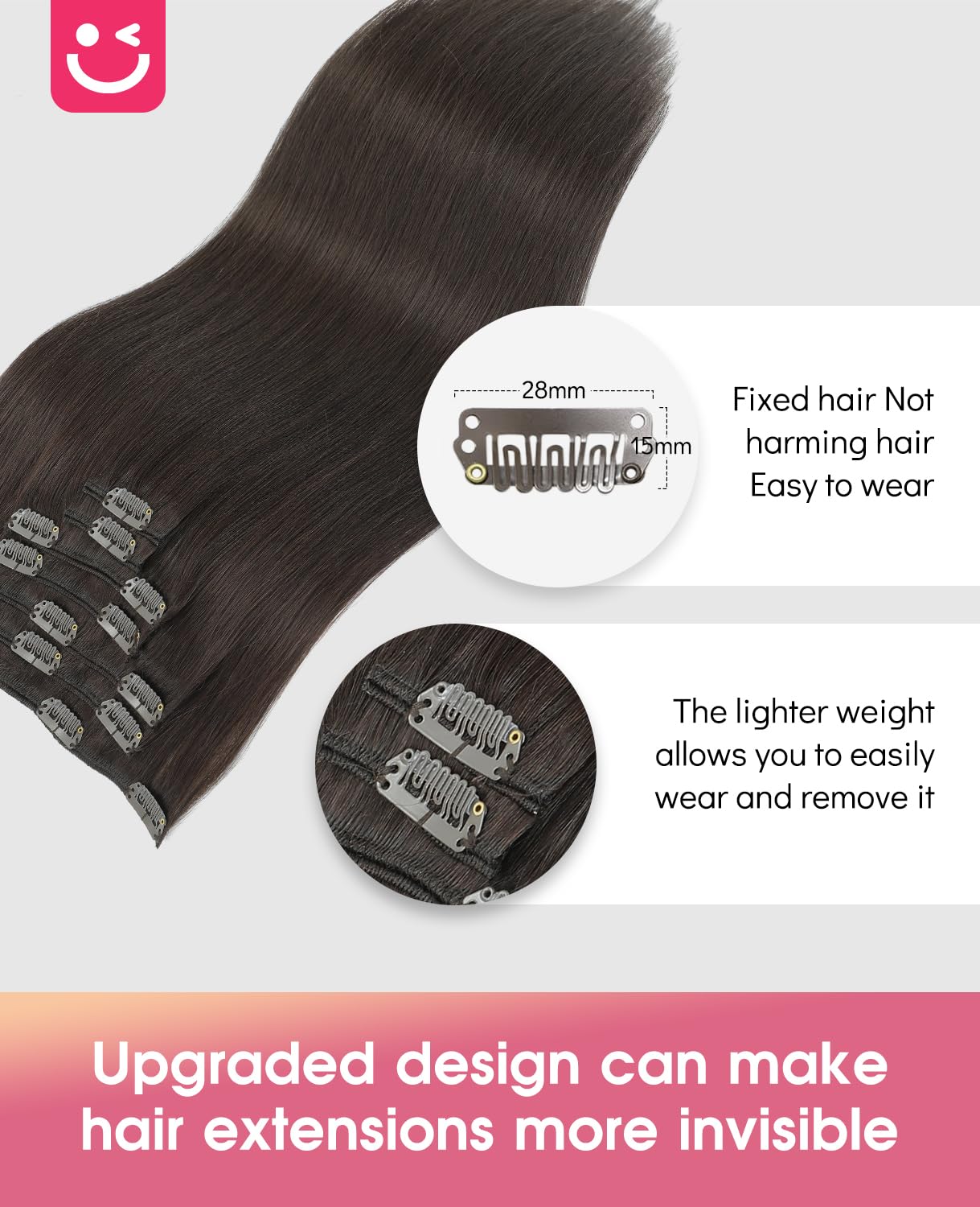 Youngsmile Extension a Clip Cheveux Naturel #2 Marron Foncé 120g 45cm 120g 7pcs Extension Cheveux Naturel Clip Cheveux Humains (#2-45cm)