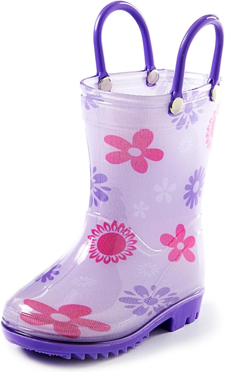 Puddle Play Toddler and Kids Waterproof PVC Rain Boots with Easy-On Handles – Lightweight Slip-Resistant Outdoor Boots for Boys and Girls