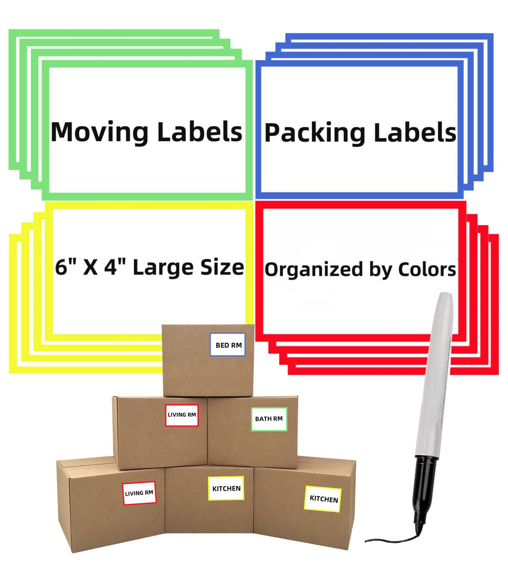 6" x 4" Large Moving Labels for Boxes, Packing Supplies for Moving Color Coded Blank Labels Stickers for Home Organization Projects, Kitchen, Storage