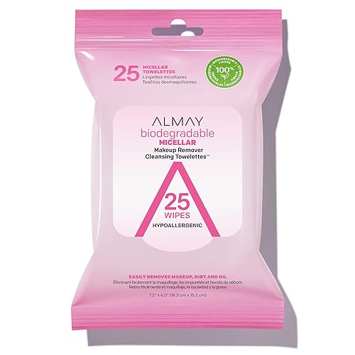Almay Toallitas limpiadoras desmaquillantes, toallitas de agua micelar biodegradables para pieles sensibles, hipoalergénicas, sin crueldad animal y