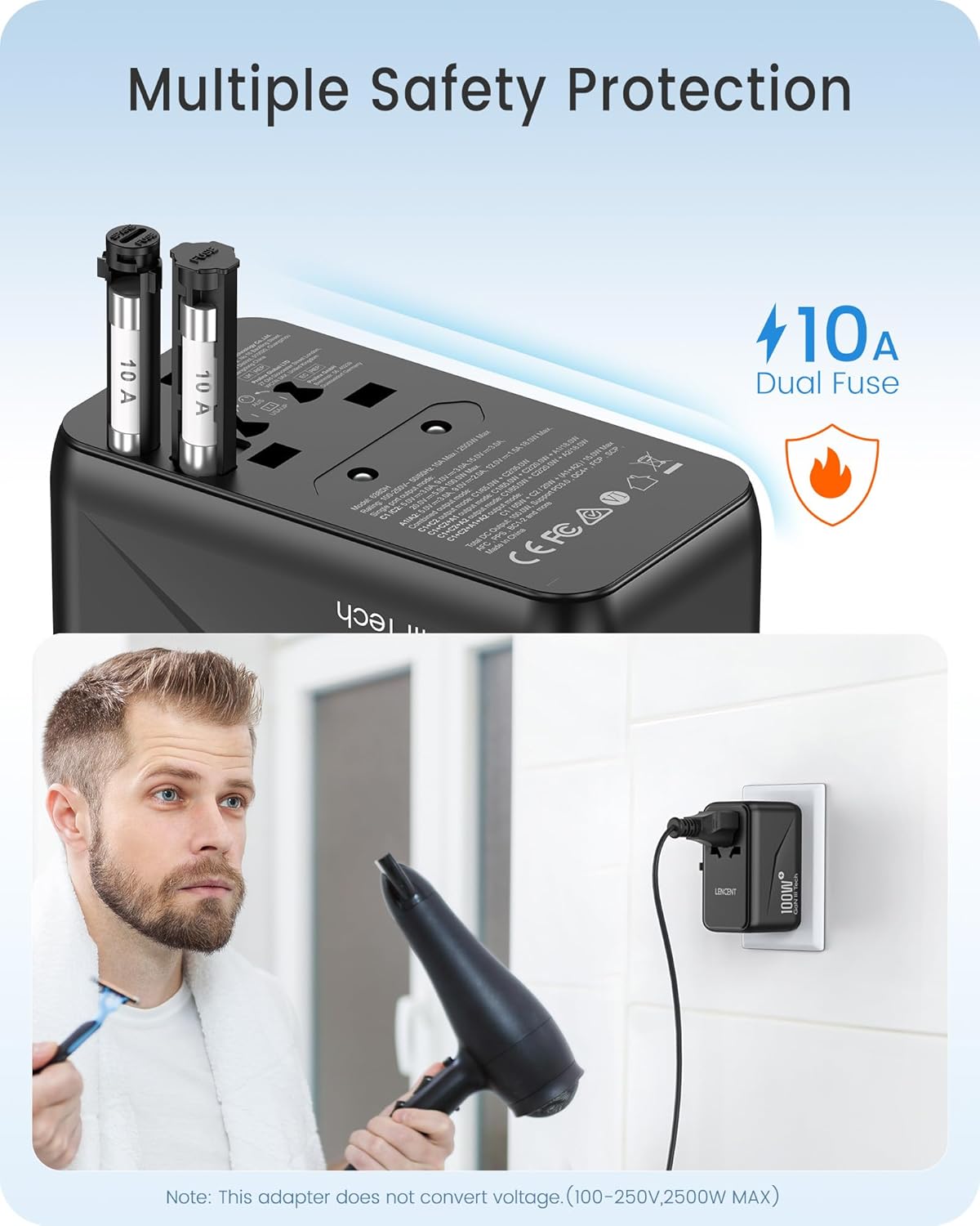 Adapter with dual 10A fuses