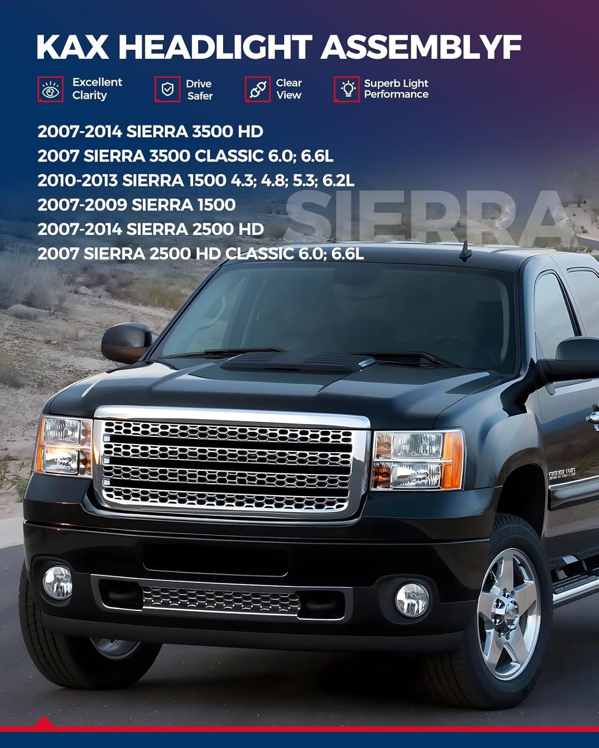 KAX Headlight Assembly for 2007-2013 Sierra 1500 2500HD 3500HD Clear Pair Light Replacement Left and Right 2pcs