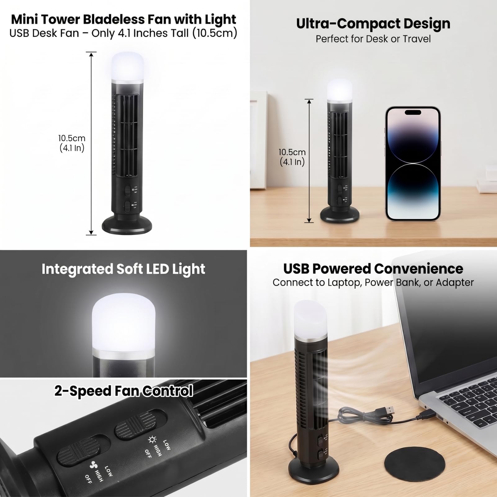 Ausla Ventilador de Torre sin Aspas con Luz LED, Mini Ventilador de Escritorio Silencioso Oscilante USB, Portátil para Hogar Oficina Escuela, 10,5x33 cm