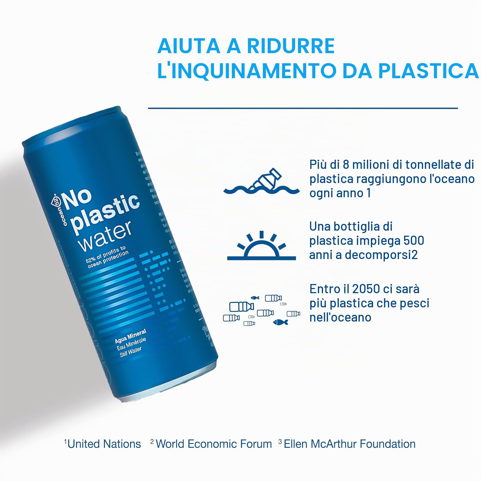 Acqua Minerale Naturale NO Plastic Water - Ocean52 in Lattina. Confezione da 24 unità x 33 cl. Acqua in confezione da 24 lattine da 33 cl. 24 bottiglie di acquas minerale.