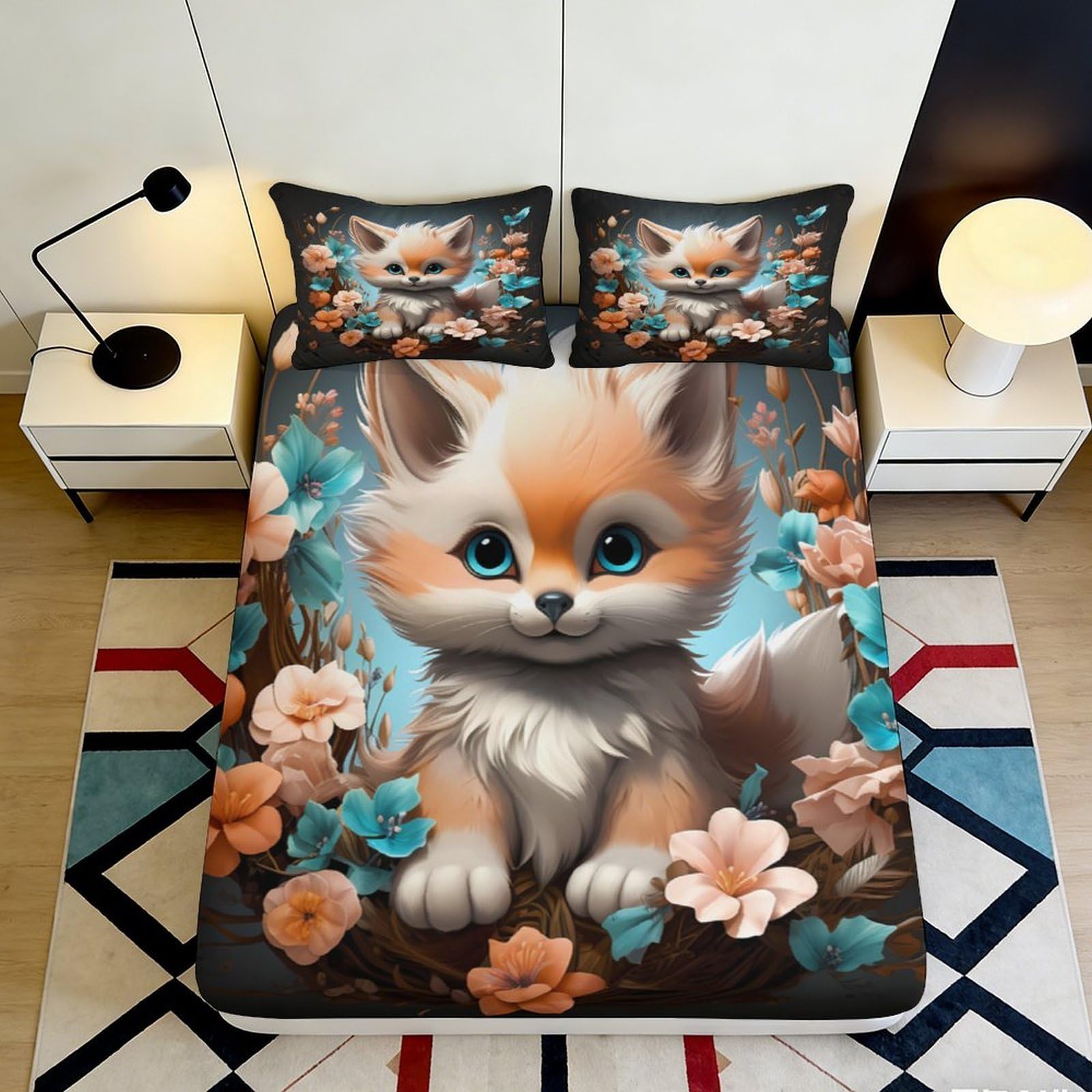 Ctjqhvmx Style-5 3D Printed Cute Fox Floral Fitted Sheet Microfiber Deep Pocket Non-Slip Cute Fox Mattress Fitted Cover Bedroom Bedding For Adults Teens 90X200x25cm 90X200x25cm