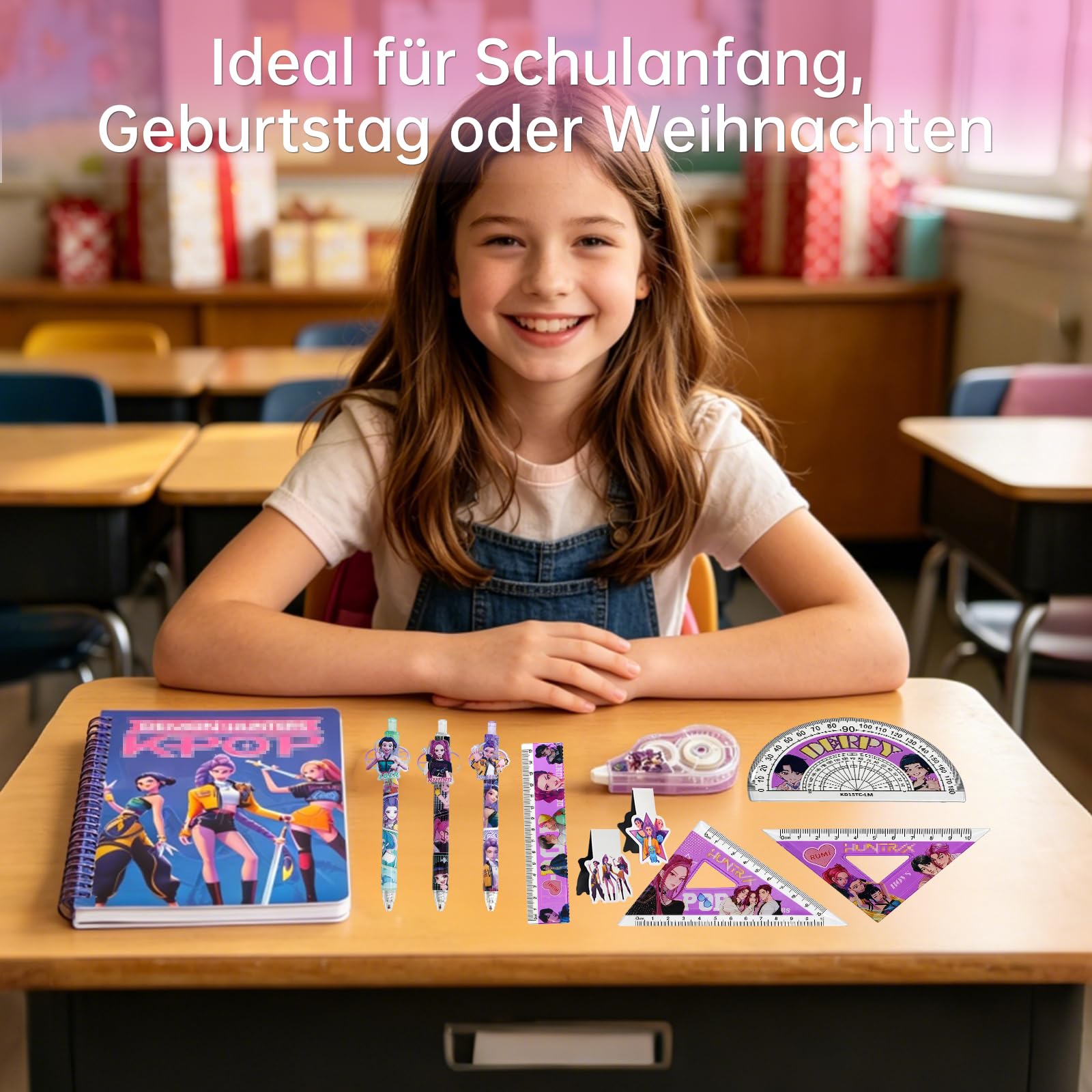Korean Pop - Set di scrittura scolastica per ragazze, penna a sfera, righello, taccuino, segnalibro magnetico, stile cacciatore, per l'inizio della scuola, cancelleria, set regalo