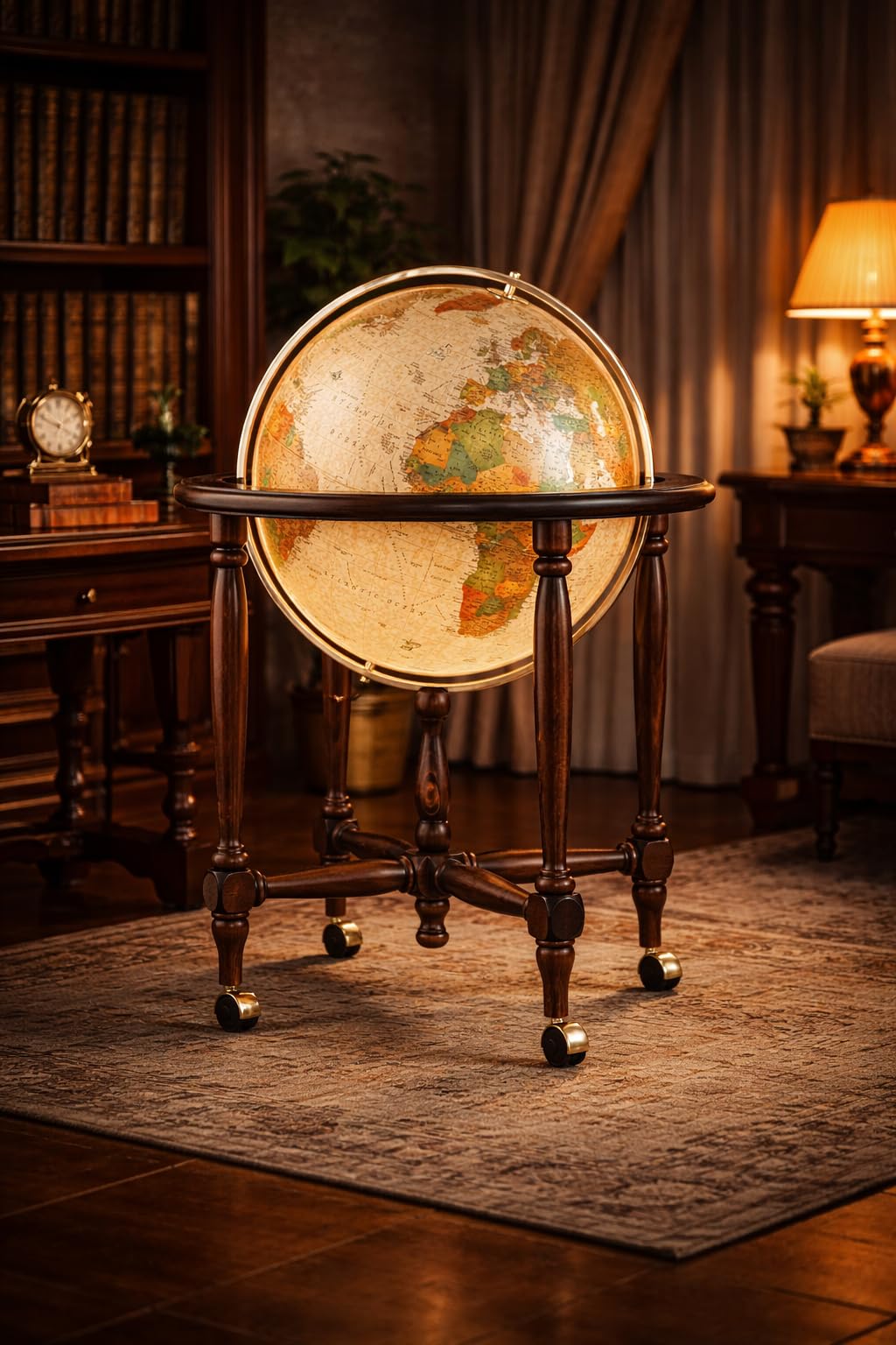 Mappamondo Luminoso da Terra, Stile Antico, Base in Legno di Faggio su Ruote, Diametro 50 cm, Altezza 103 cm Cinthia Antique - Progressio