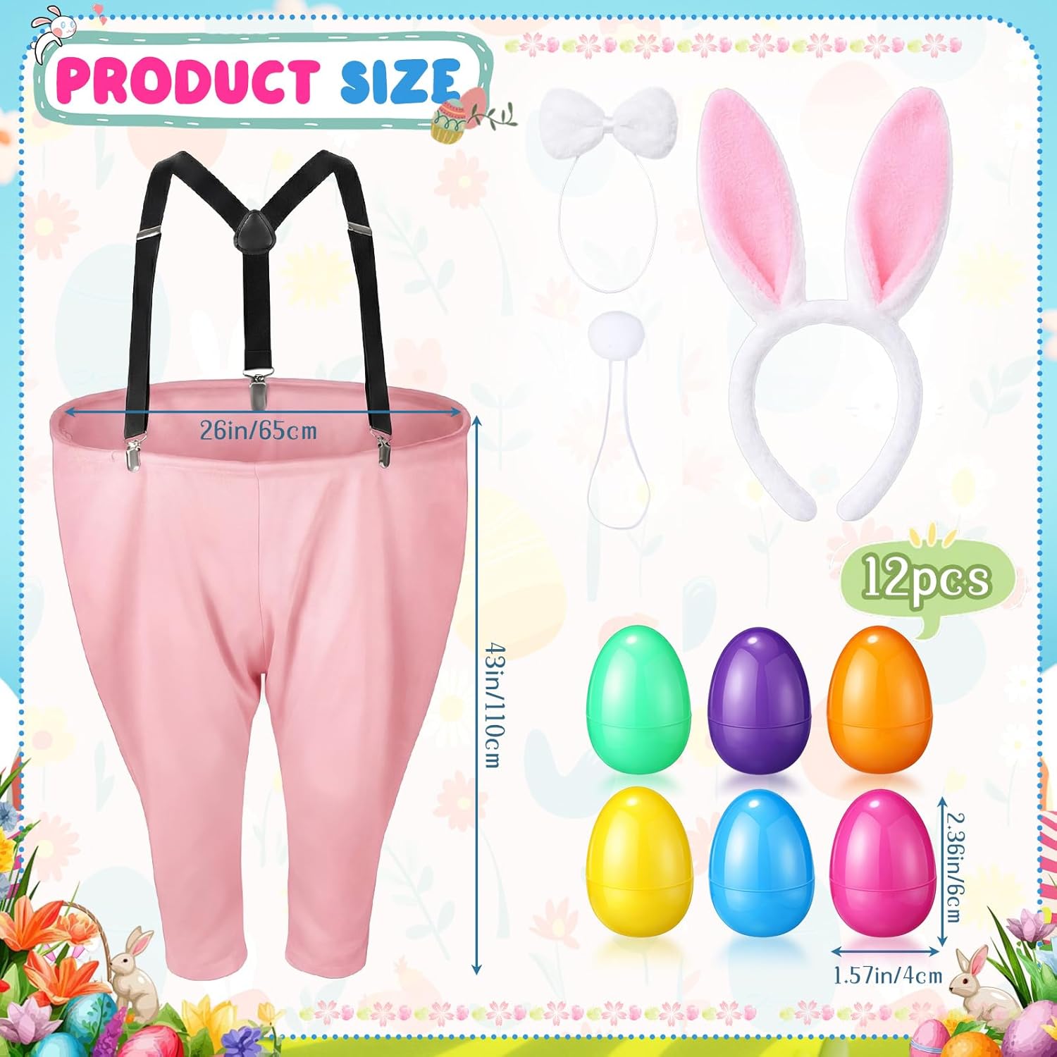 Vinsot 16 Pcs Easter Granny Pants Yard Game Set Oversized Granny Pants with Colorful Easter Eggs, Bowtie, Bunny Ears and Tail, Outdoor Tossing Game Bunny Suit for Spring Elegant Pink 16