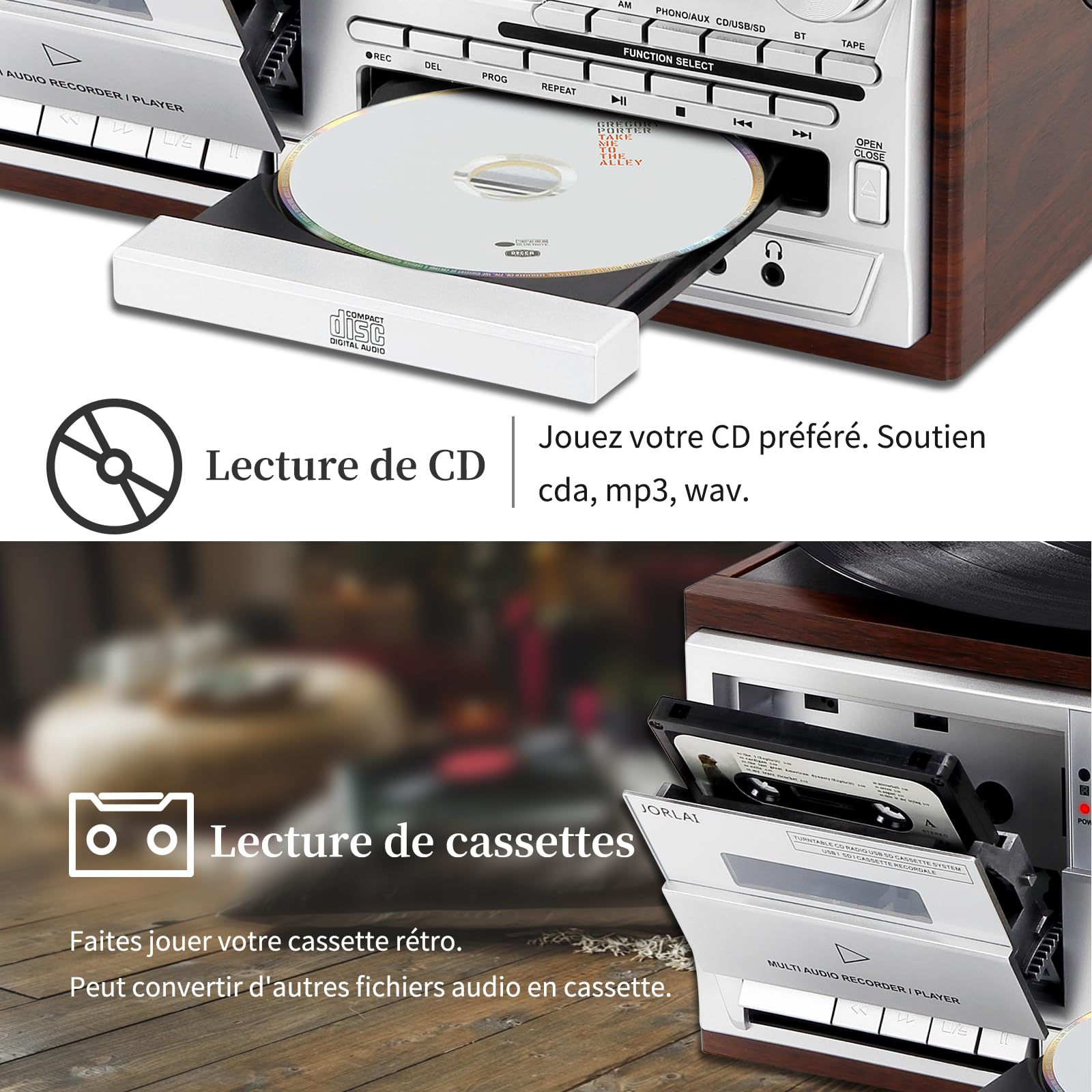 9-in-1 Platine Vinyle 3 Vitesses Bluetooth avec Prise Audio 3,5 mm, Vinyle Phono avec Haut-parleurs stéréo intégrés/Piles, CD/Cassette, Radio AM/FM, USB/SD, Marron