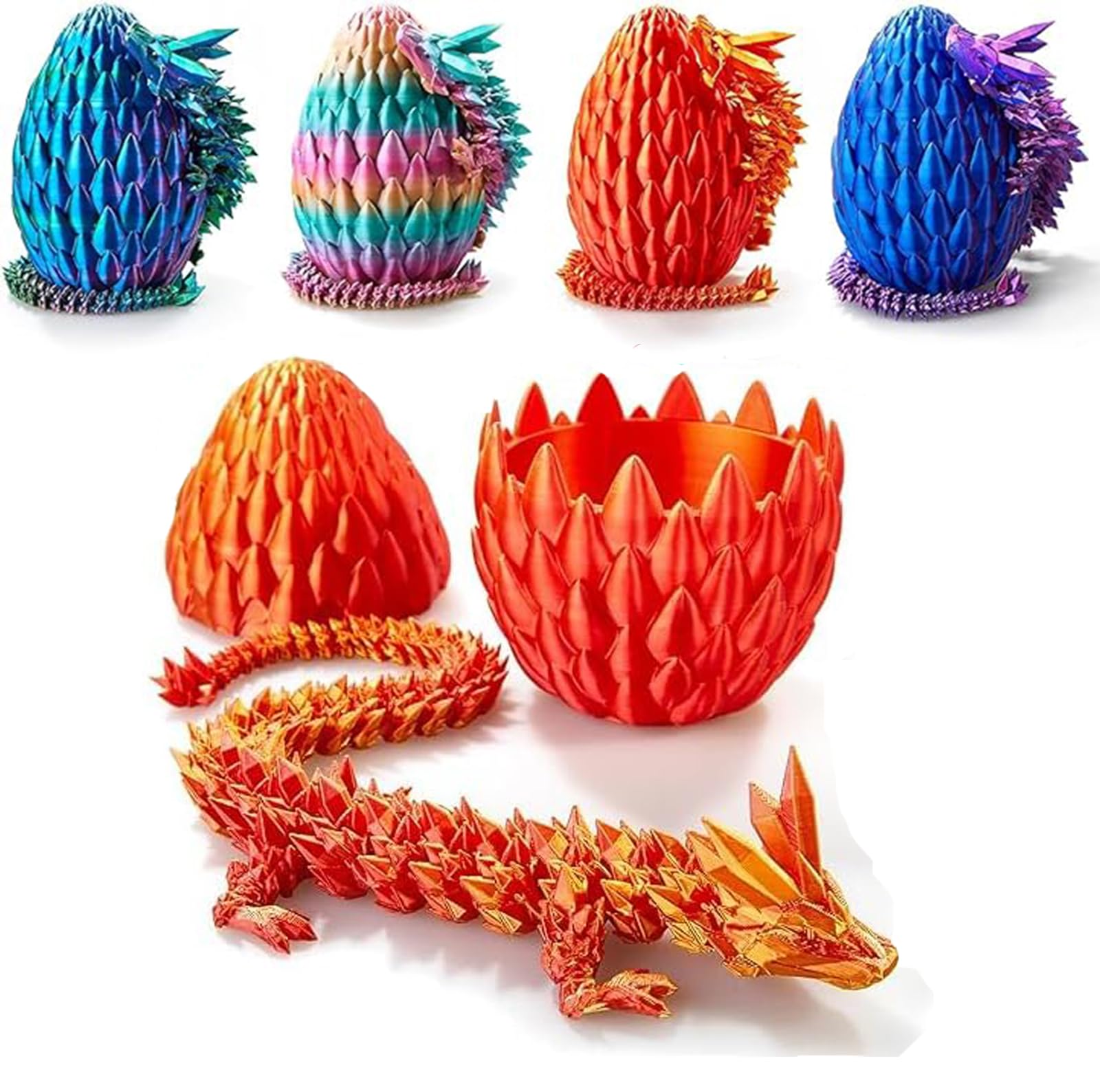 Dragon Eggs with Articulated Dragon Inside - 3D Printed Fidget Toys, Crystal Red