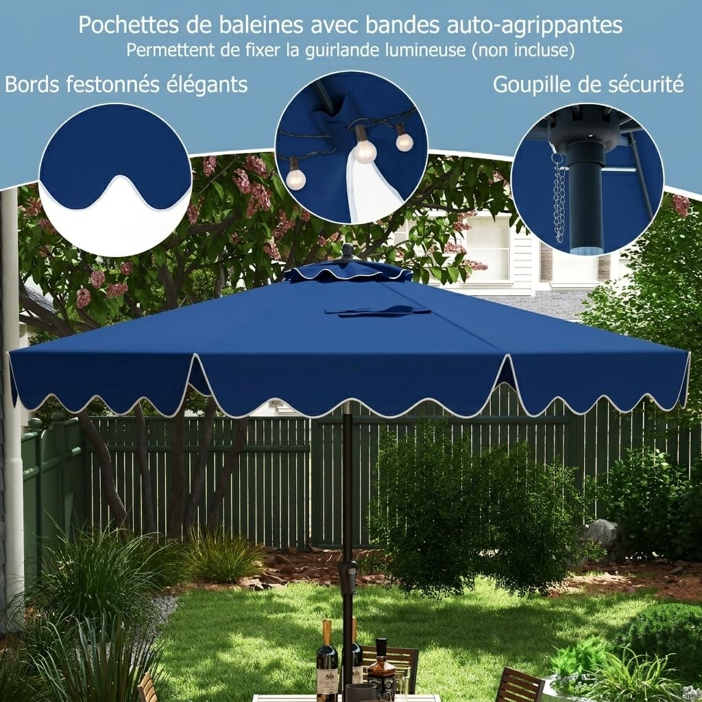 GOPLUS Parasol de Jardin Exterieur, 2,8M Parasol Inclinable 25° avec Manivelle, Toile Protection UV, 8 Baleines, Double Toit, pour Balcon Terrasse Patio, Base Non Incluse (Bleu)