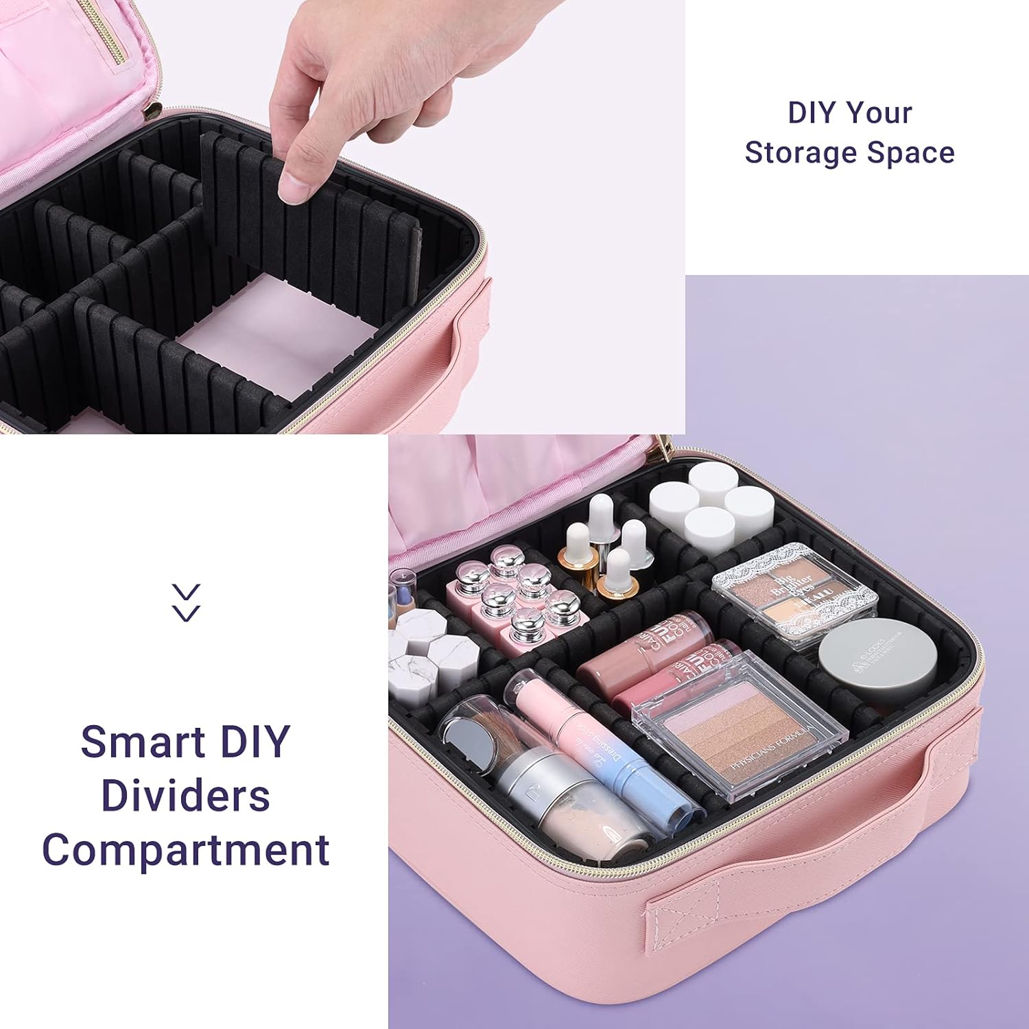 Joligrace Makeup Bag Cosmetic Case Vanity Travel Beauty Box Make Up Train Case Hairdressing Tools Organiser with Adjustable Compartment and Tools Bag, Cute Pink 7 71dlU3YsRNL. AC SL1500