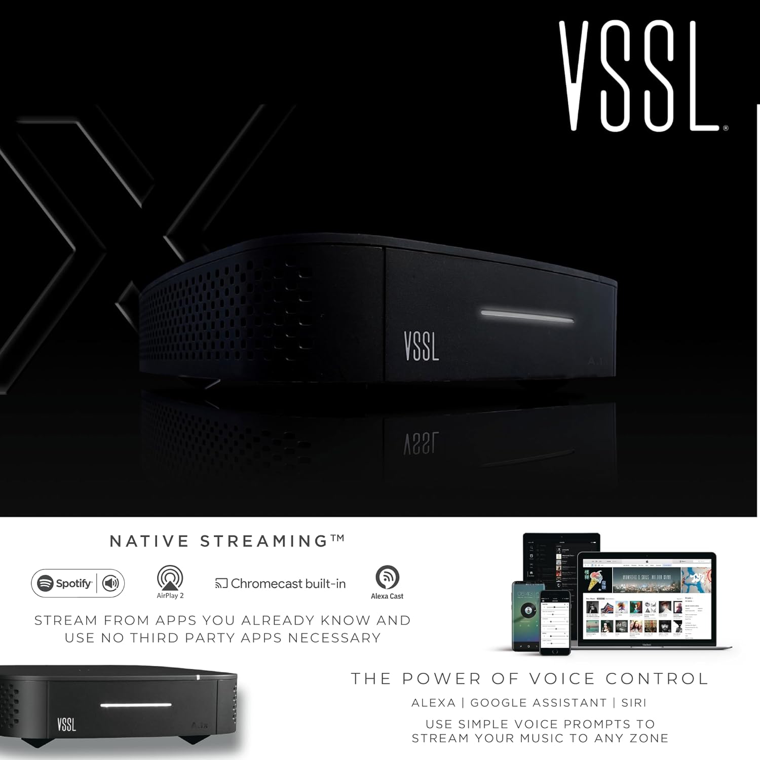 VSSL A.1x Single Zone 2-Channel Audio Streaming Amplifier, Compatible with AirPlay 2, Chromecast, Amazon Alexa, Spotify Connect, Bluetooth | Home Sound System Amplifier | WiFi Amp for Speakers