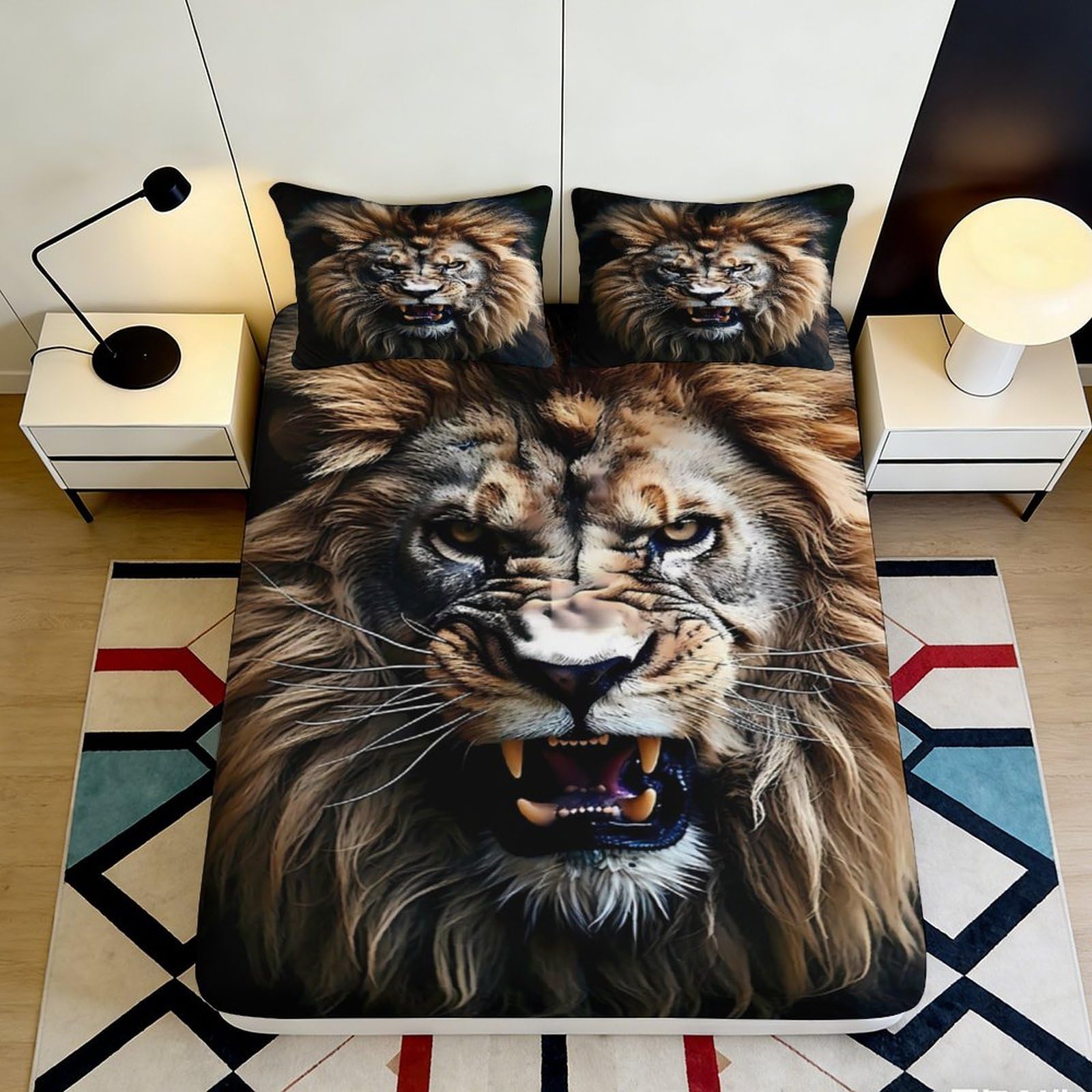 3D Printed Lion Face Fitted Sheet Microfiber Soft Anti-Slip Wild Animal Bed Cover for Bedroom Dorm Decor Protection 90x200x25cm