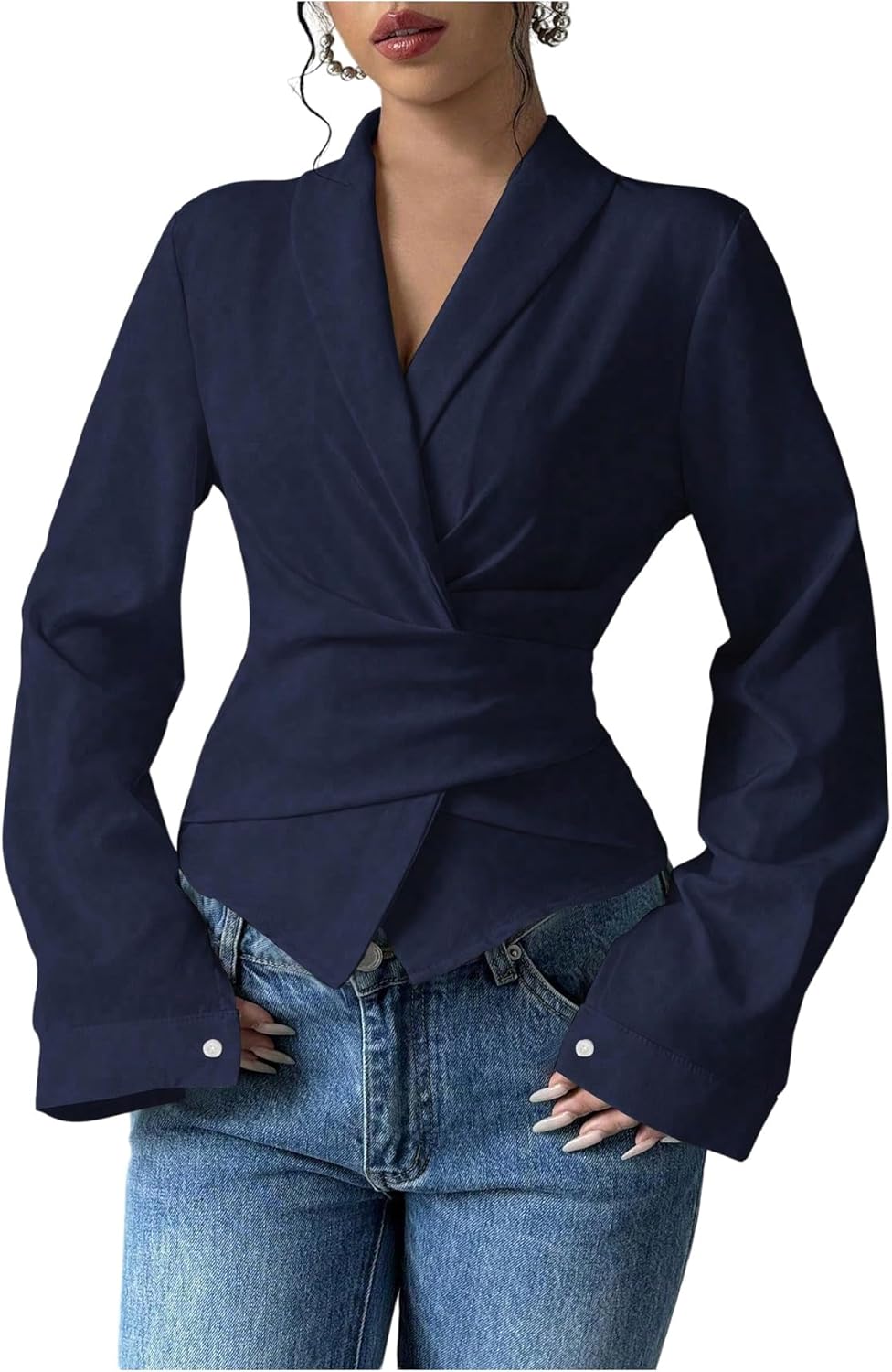 MakeMeChic Women's Wrap Blouse V Neck Long Sleeve Dressy Casual Bowknot Ruched Business Shirts