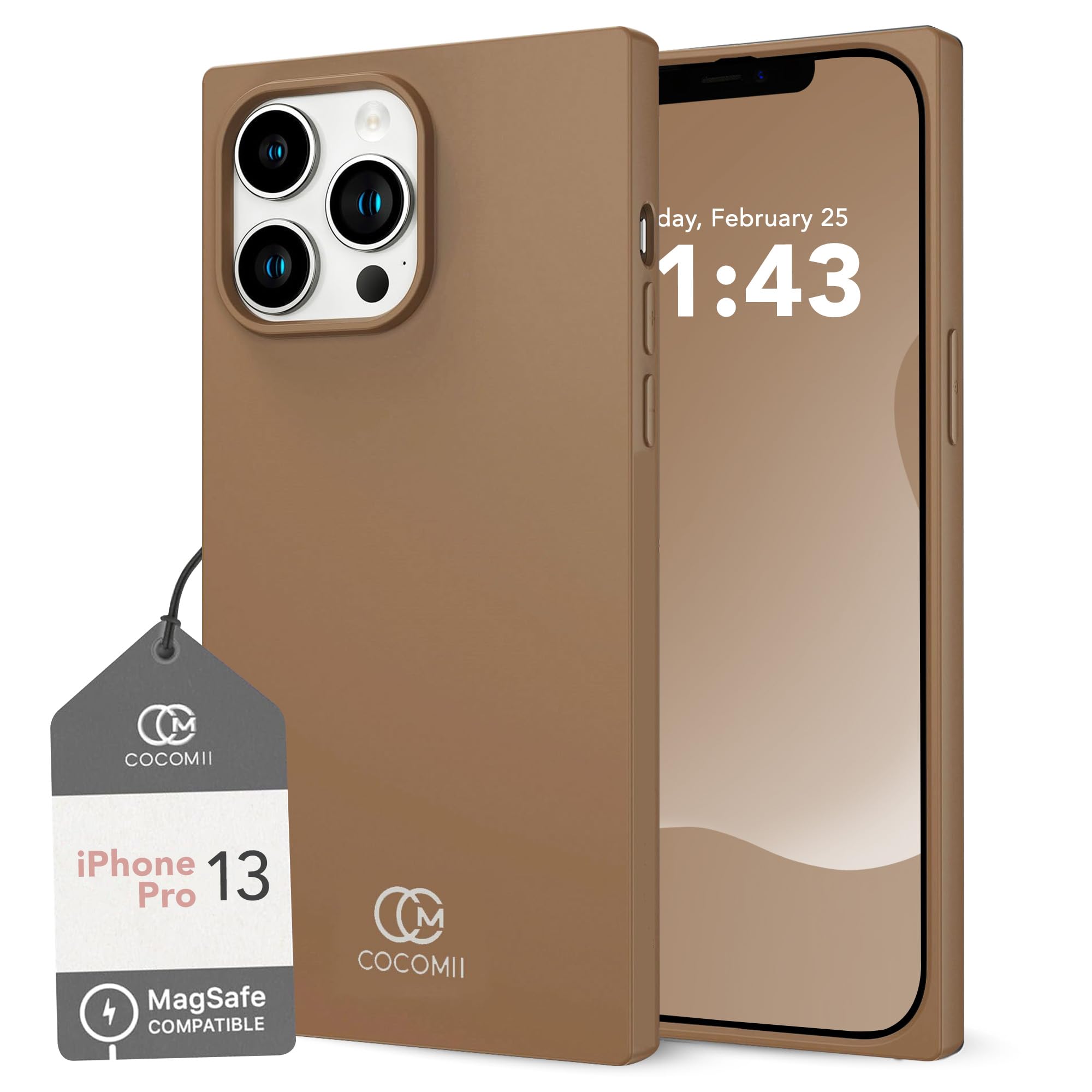 Coque carrée iPhone 13 Pro marron doré silicone MagSafe Cocomii