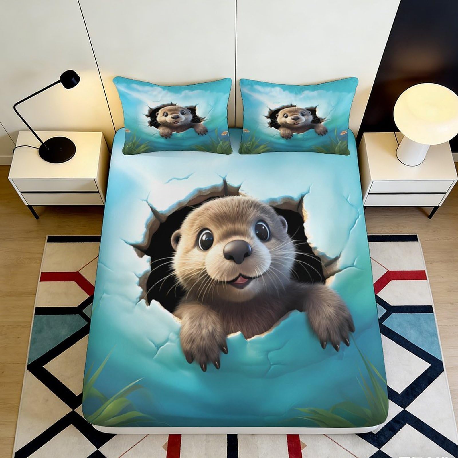3D Printed Cute Otter Fitted Sheet Microfiber Soft Anti-Slip Mattress Cover Blue Hole Design for Bedroom Dorm Easy Care 200x200x25cm