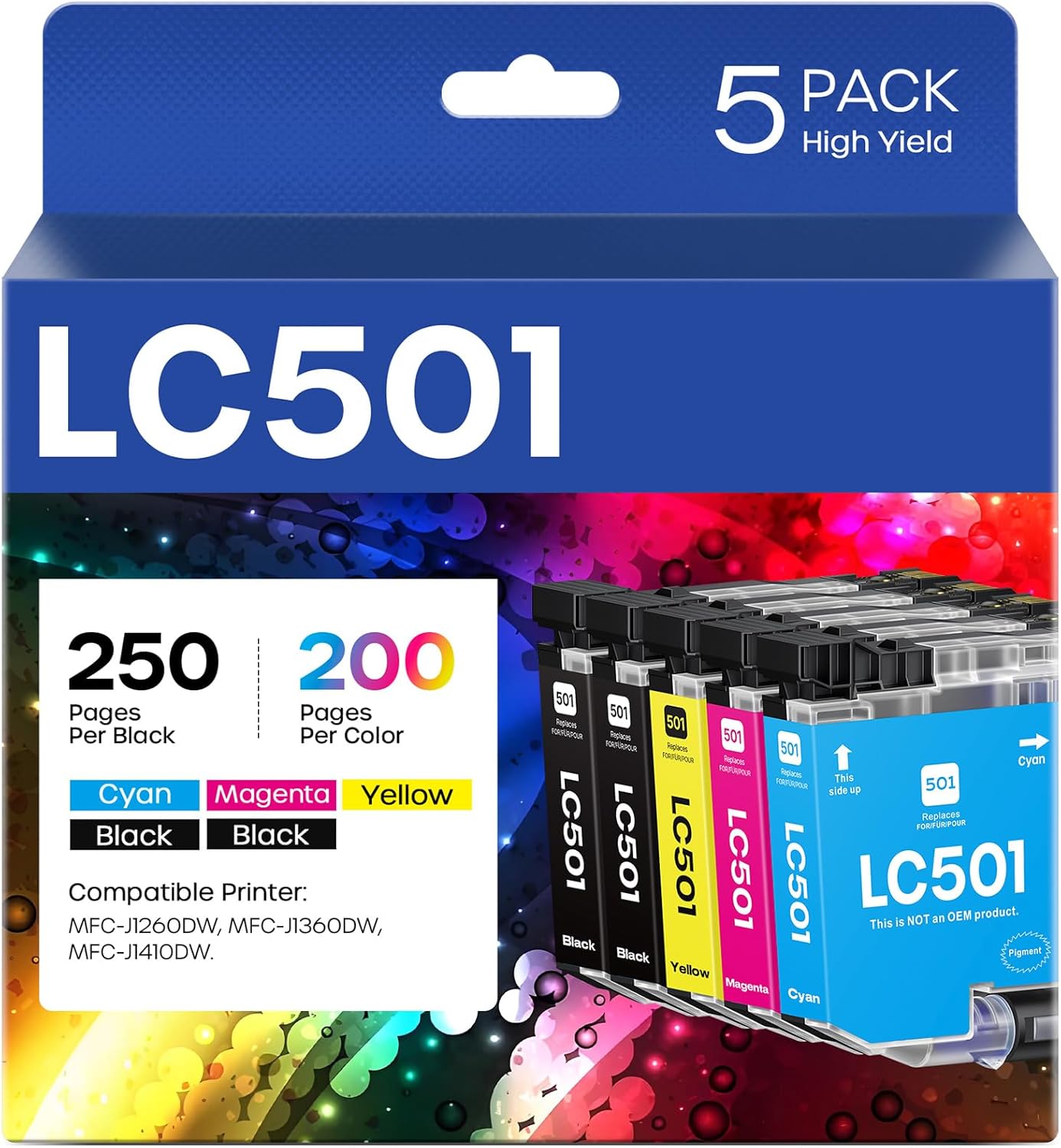 LC501 Ink Cartridges 5 Pack Compatible for Brother LC501 LC 501 Ink Cartridges LC501BK LC501C LC501M LC501Y use with MFC-J1260DW MFC-J1360DW MFC-J1410DW Printers (2 Black, 1 Cyan, 1 Magenta, 1 Yellow)