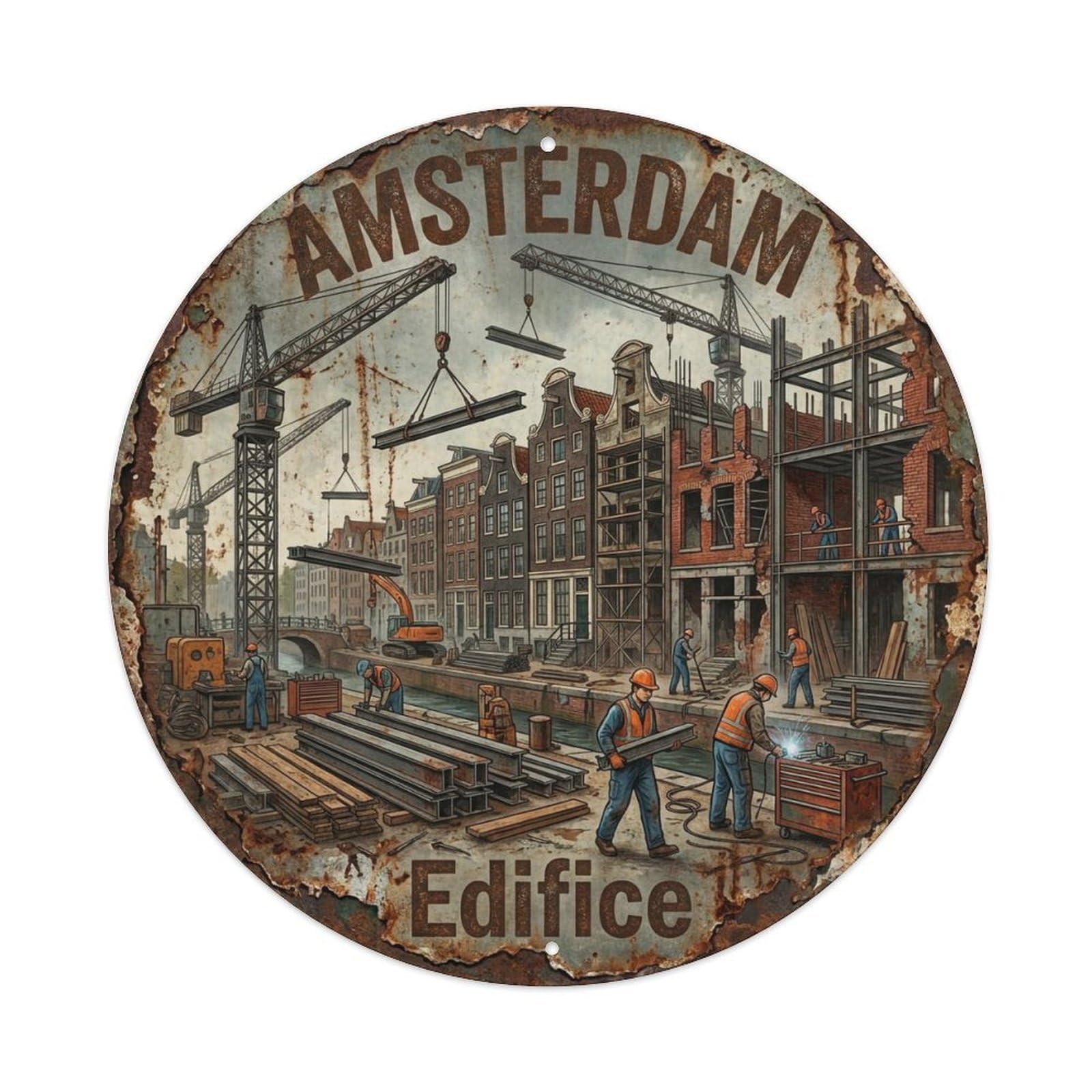 Vintage Travel Amsterdam Netherlands Construction Metal Tin Sign