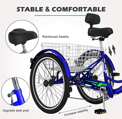 Vista 163 de H&ZT Triciclo para adultos, bicicleta de 3 ruedas, triciclo crucero, con engranaje de 7 velocidades, mango de freno de estacionamiento, escalón