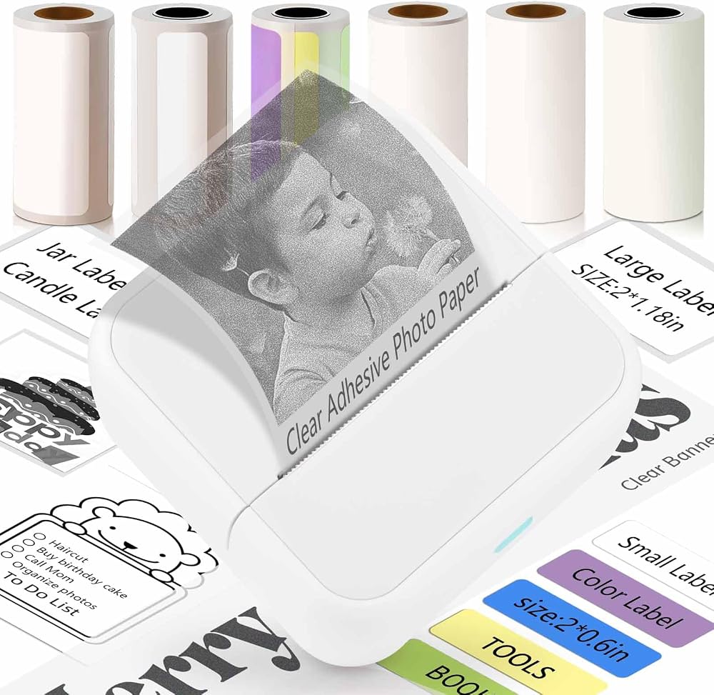 KEEPHOPE Label Maker Machine with 6 Tapes, Thermal Label Maker, Portable Mini Bluetooth Label Printer with Clear Tape for Home, Kitchen, School White