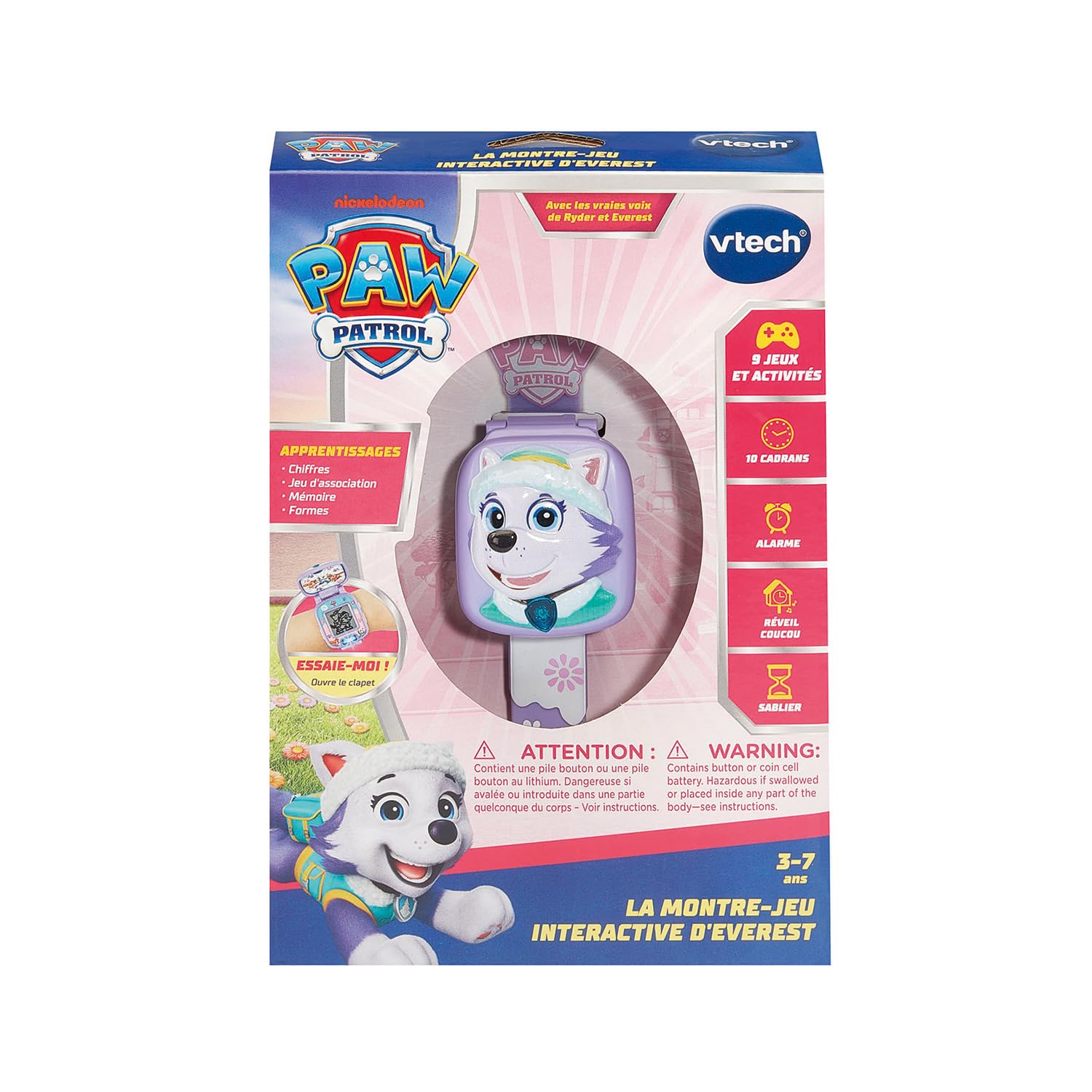 VTech - La Montre-Jeu Interactive d'Everest - Montre Pat' Patrouille avec Écran Animé, Bracelet Réglable, 10 Cadrans, 4 Jeux - Jouet Paw Patrol - Cadeau Enfant de 3 Ans à 7 Ans - Contenu en Français
