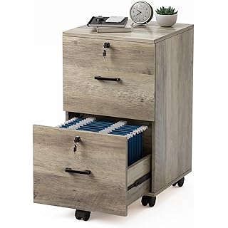 VINGLI 2 Drawer File Cabinet with Lock, Wood Rustic Gray Filing Cabinet for Letter Size File Folders with Tabs, Under Desk Rolling File Cabinets for Home Office, Mobile File Organization Printer Stand