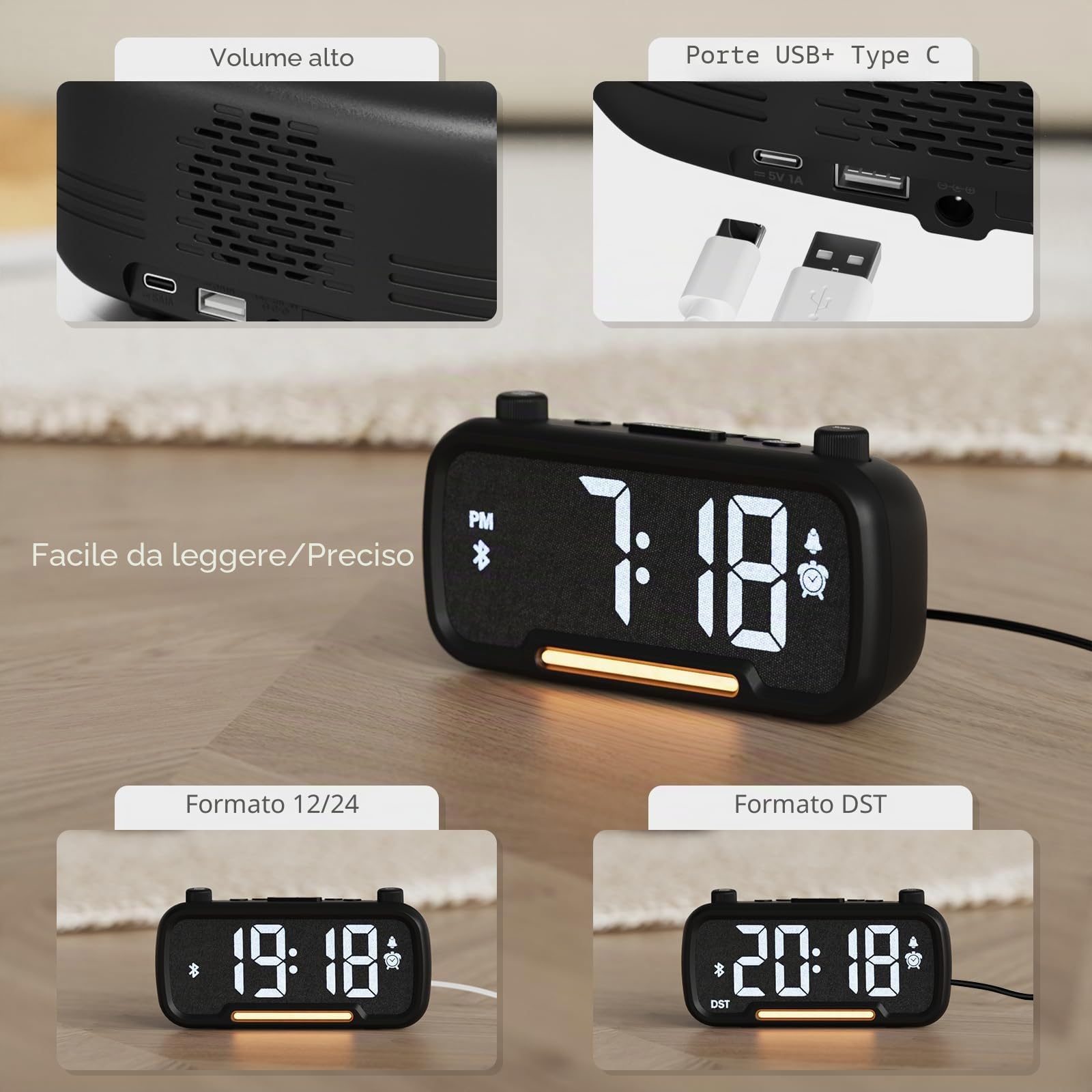 Radiosveglia Digitale da Comodino, FM Radio Sveglia con Luce Noctturna, Altoparlante Bluetooth, Porta USB & Type C, Snooze, Volume e Luminosità Regolabili, Sveglia per Sordi | Bambini | Adolescenti