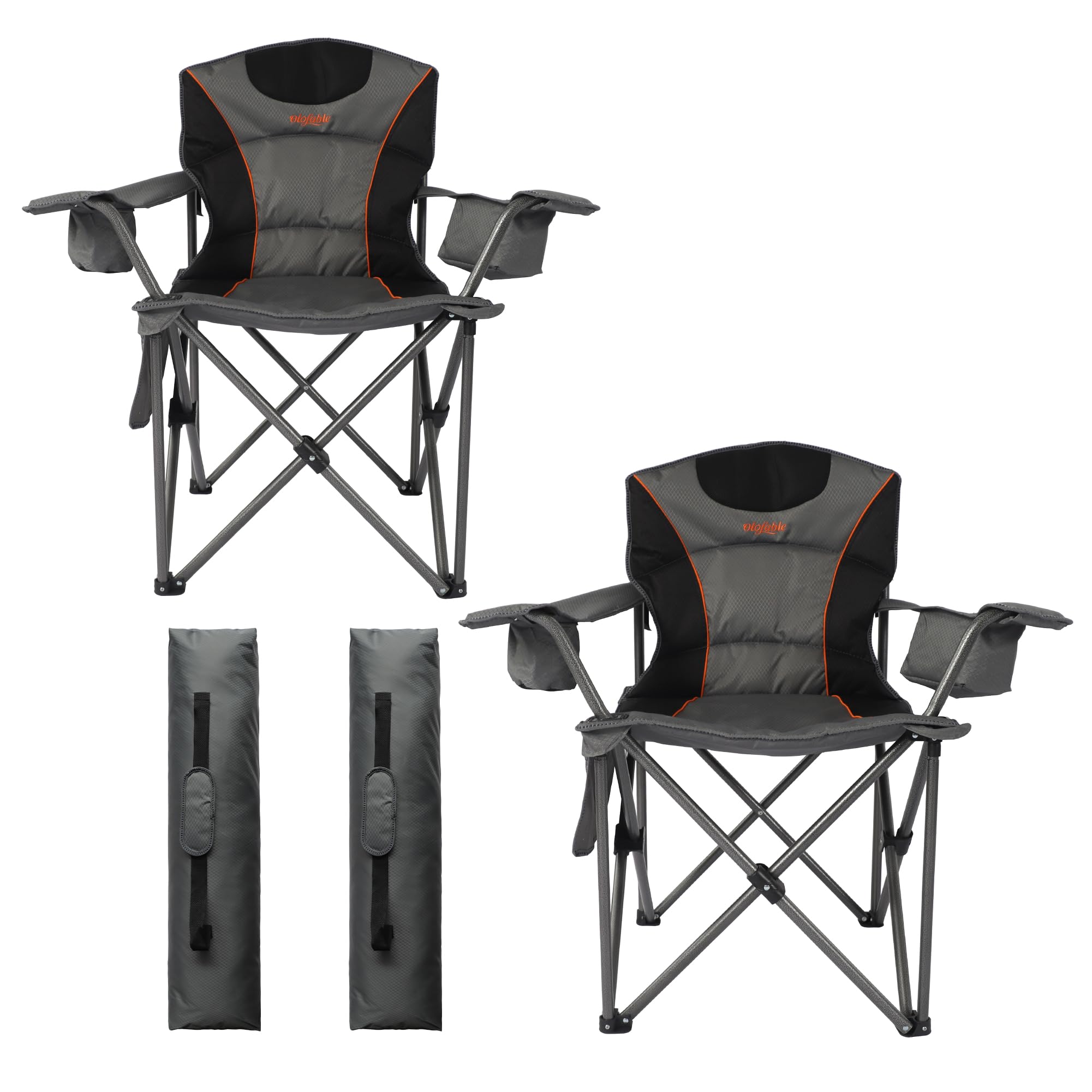 olofable Oversized Camping Folding Chair, Heavy Duty 450 LBS Steel Frame Collapsible Padded Armrest with Cup Holder & Lumbar Back Support, Portable Quad Design for Outdoor/Garden/Beach/Home (2, Gray)