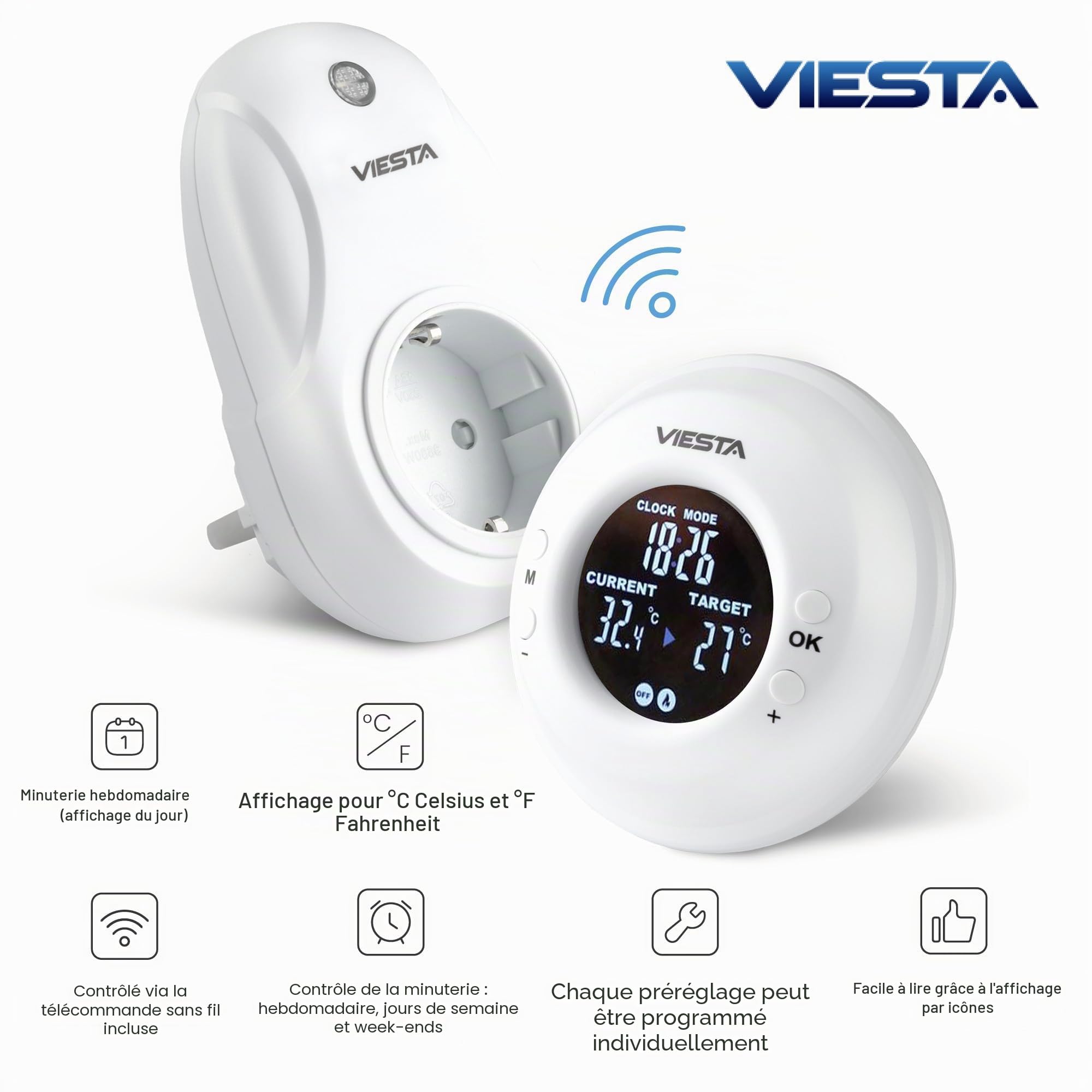 TH20 Thermostat sans Fil à Prise (230V/3600W) – Digital, programmable, avec télécommande, Programme hebdomadaire, minuterie, Commande 2,4 GHz, Modes Confort/Auto/Manuel et Protection antigel